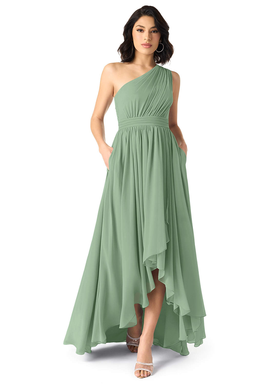 Azazie Mathilda Bridesmaid Dresses Matcha A-Line One Shoulder Chiffon Dress image1