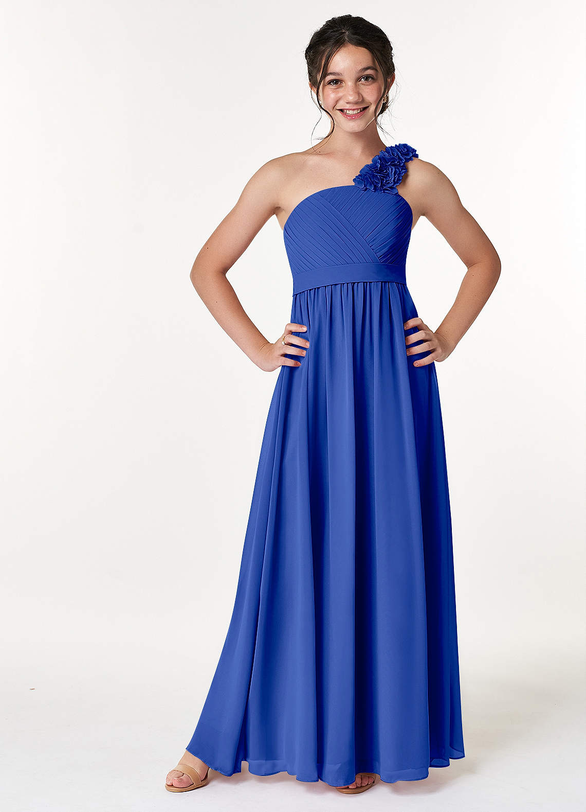 Azazie Flower Junior Abito A-Line in Chiffon Plissettato Blu Reale image1