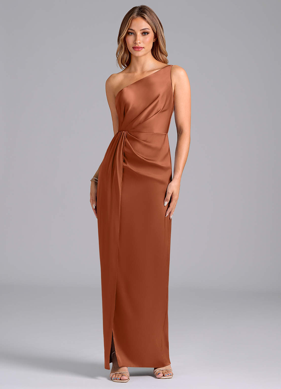 Azazie Naria Bridesmaid Dresses Cedar Rose Sheath One Shoulder Stretch Satin Dress image1