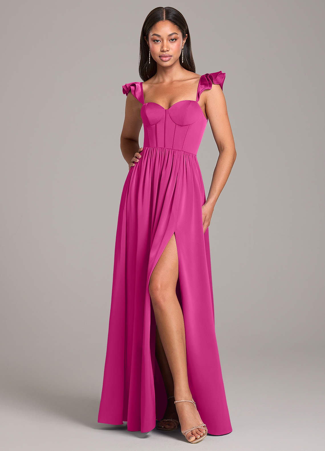 Azazie Denisse Brudtärnklänningar Klänning av A-Linje i Stretch Satin Ruched Fuchsia image1