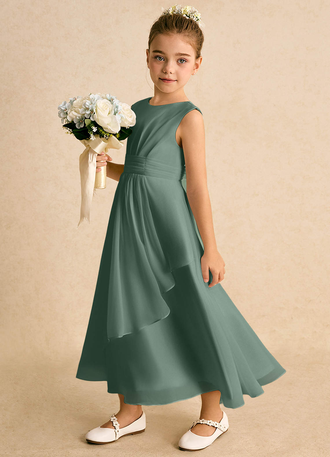 Azazie Edelweiss Flower Girl Dresses Eucalyptus A-Line Pleated Chiffon Dress image1