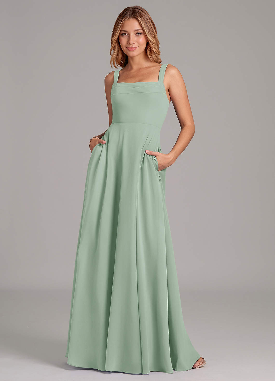 Azazie Shaude Bridesmaid Dresses Agave A-Line Pleated Chiffon Dress image1
