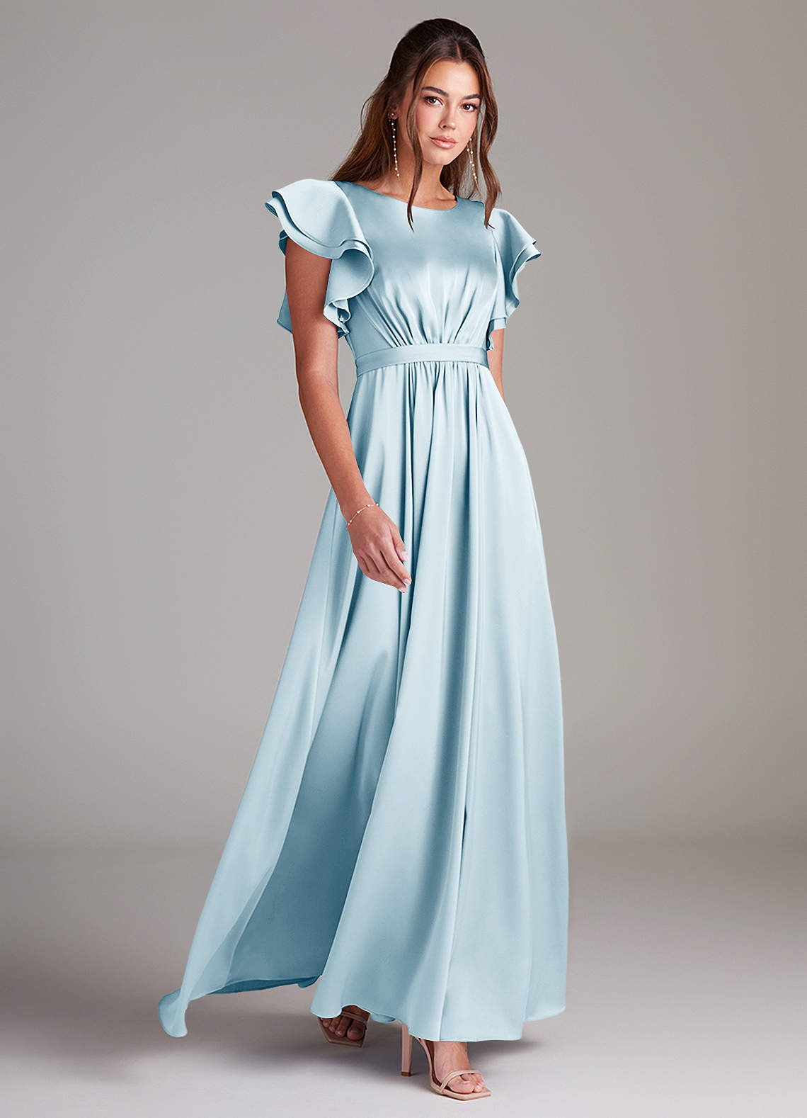 Azazie Daphne Vestidos modestos de dama de honra Vestido Linha A Ruched Comprimento do chão Cetim elástico image2