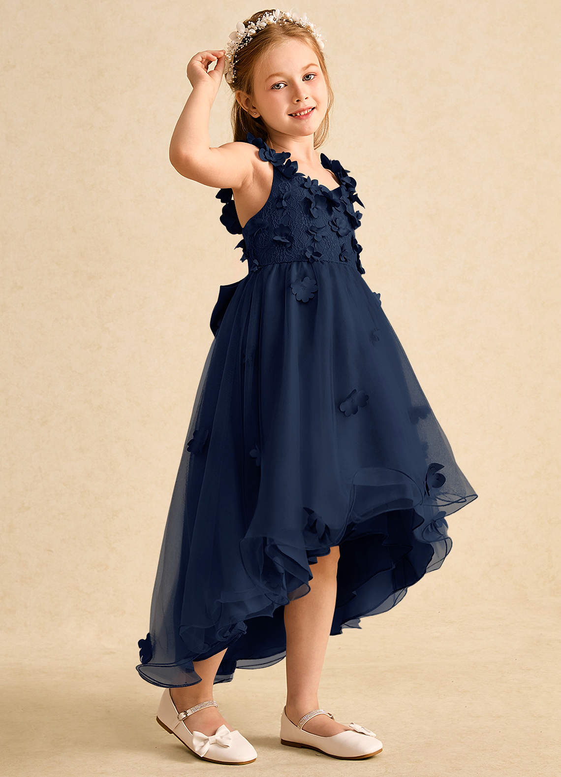 Azazie Tweety Robe Demoiselle D'honneur Fillette Robe Trapèze en Tulle Dentelle Bleu Marine Foncé image1