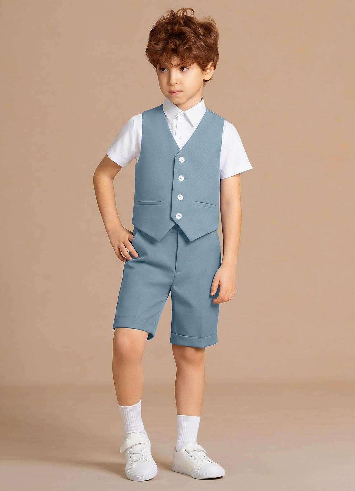 front Oliver Azul Claro Conjunto de 4 piezas de chaleco y pantalones cortos para niño