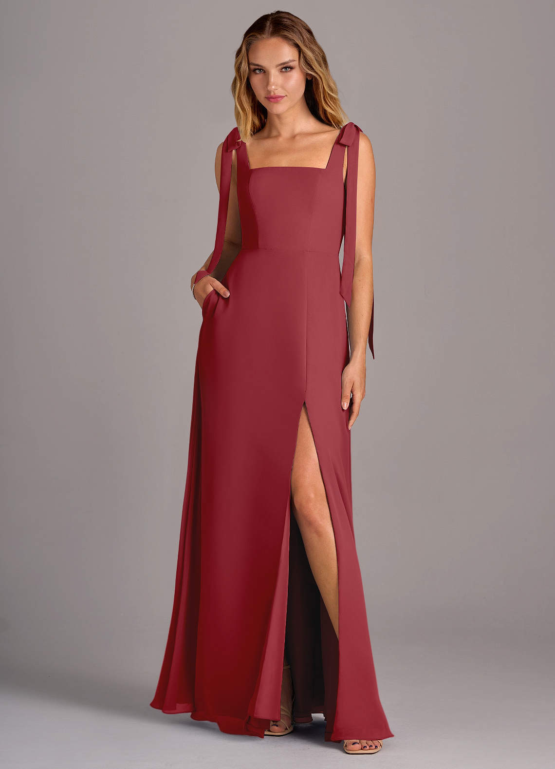 Azazie Debra Bridesmaid Dresses Pomegranate A-Line with Pockets Chiffon Convertible Dress image1