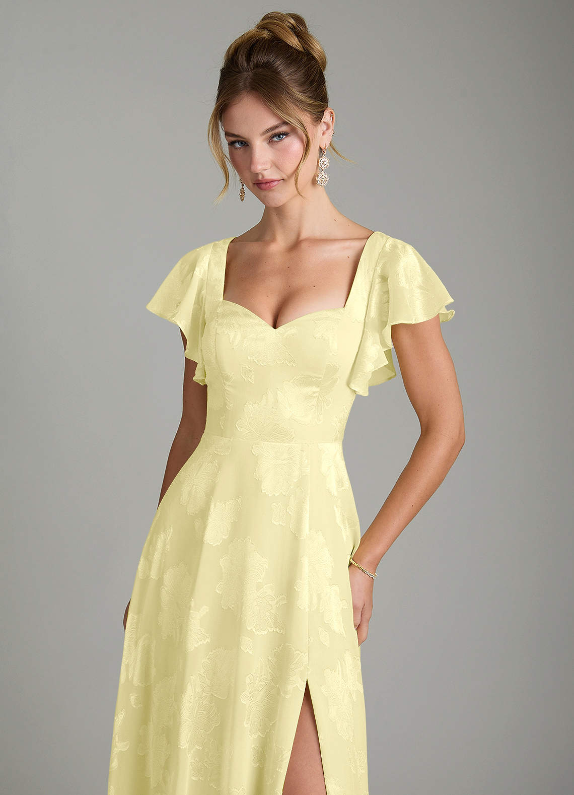 Azazie Bondi Lemon Sorbet Floral Jacquard Burnout Bridesmaid Dresses