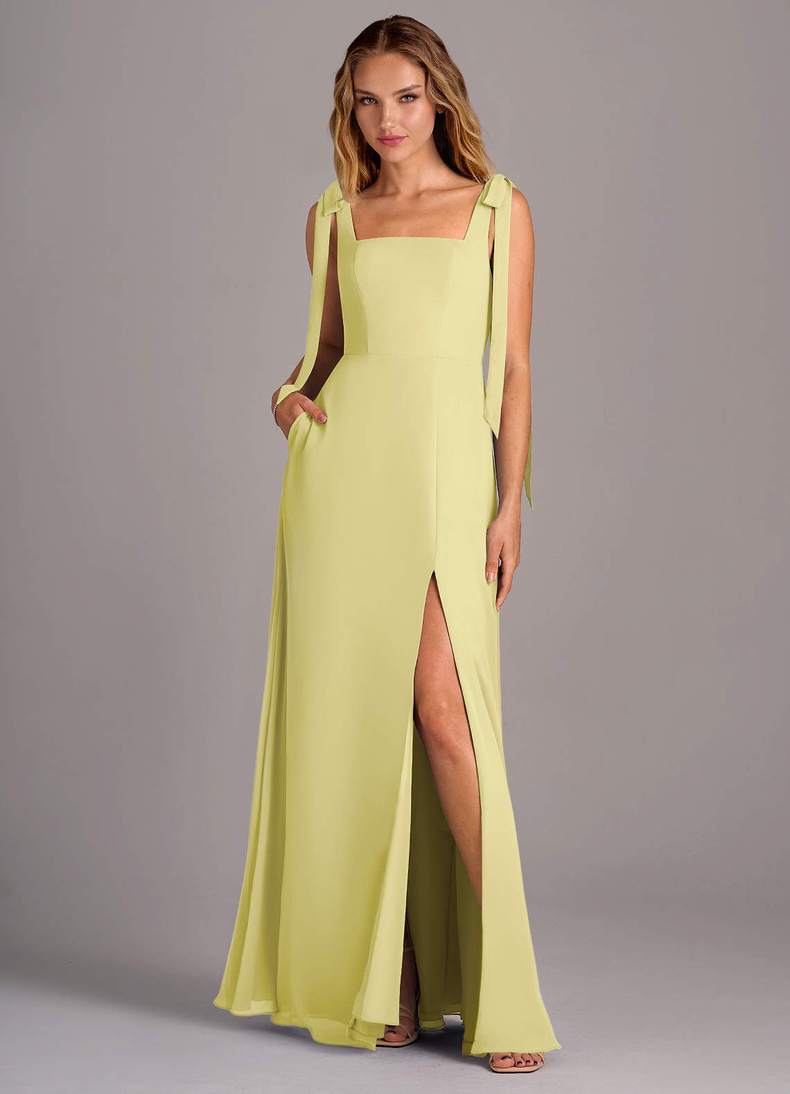 Azazie Debra Bridesmaid Dresses Lemon Sorbet A-Line with Pockets Chiffon Convertible Dress image1