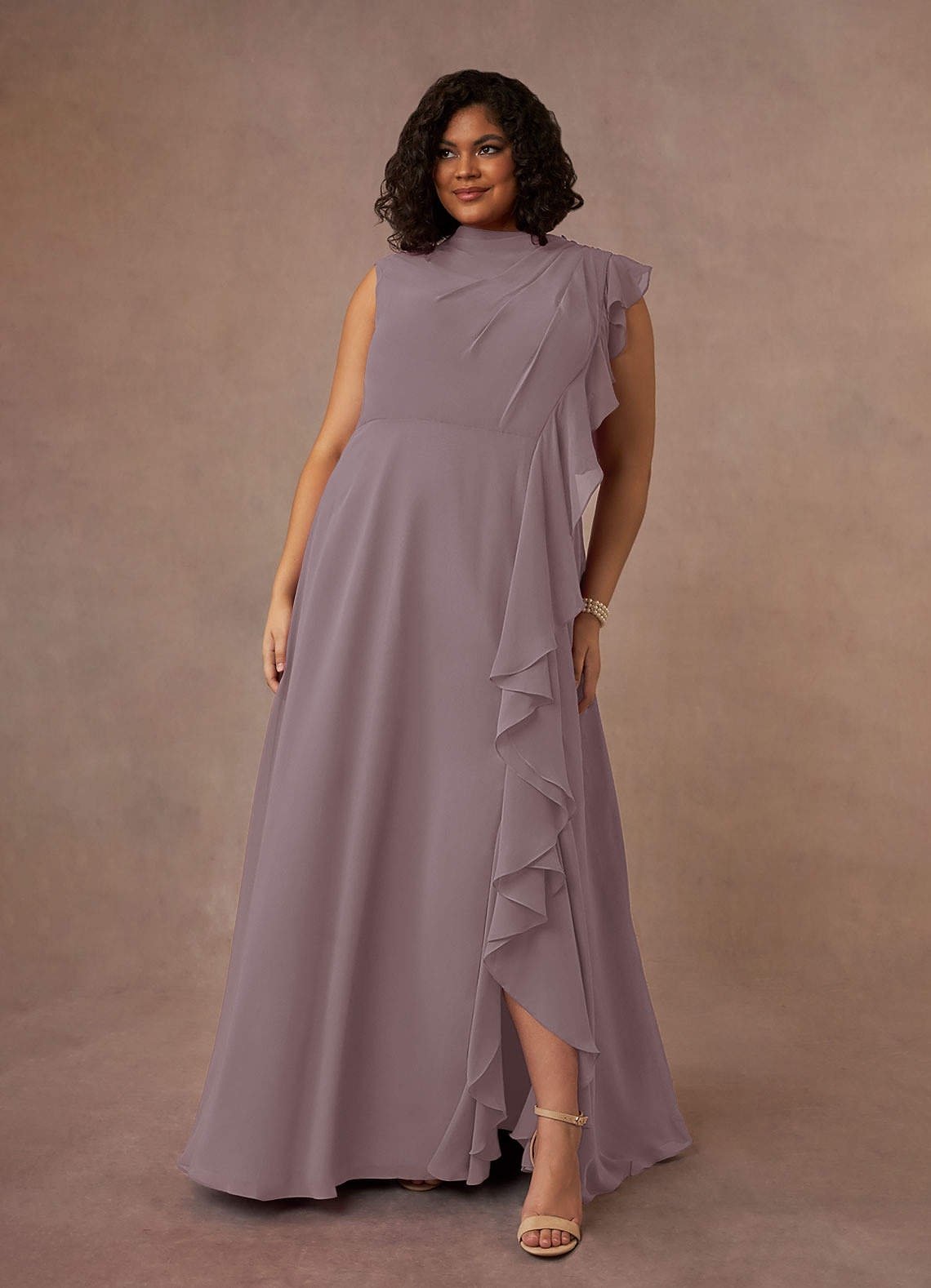 Azazie Narine Mère de la mariée Robes Robe Trapèze en Mousseline de soie Encolure haute plissée Crépuscule image1