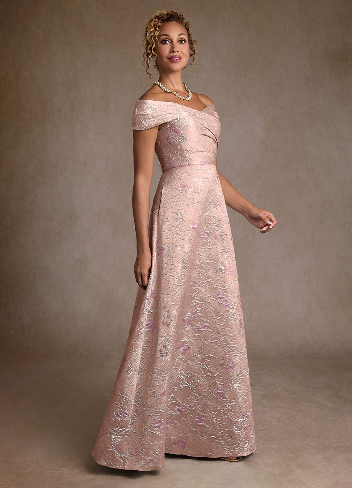 Azazie Lacey Klänningar till brudens mor Klä A-Line i Blommig Jacquard Av axeln Korall Jacquard image2