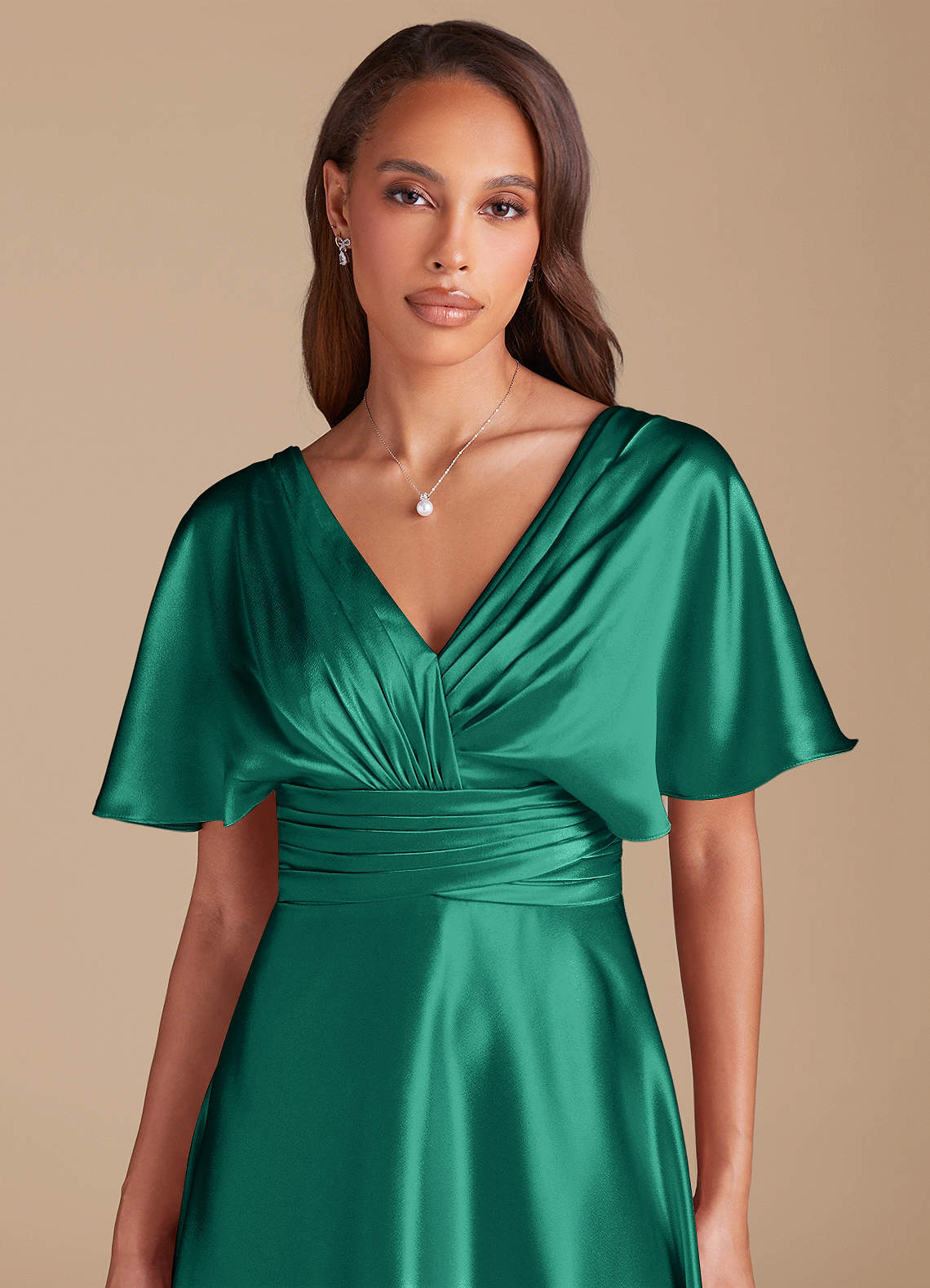 Azazie Pamela Bridesmaid Dresses Emerald A-Line Pleated Metallic Satin Dress image1