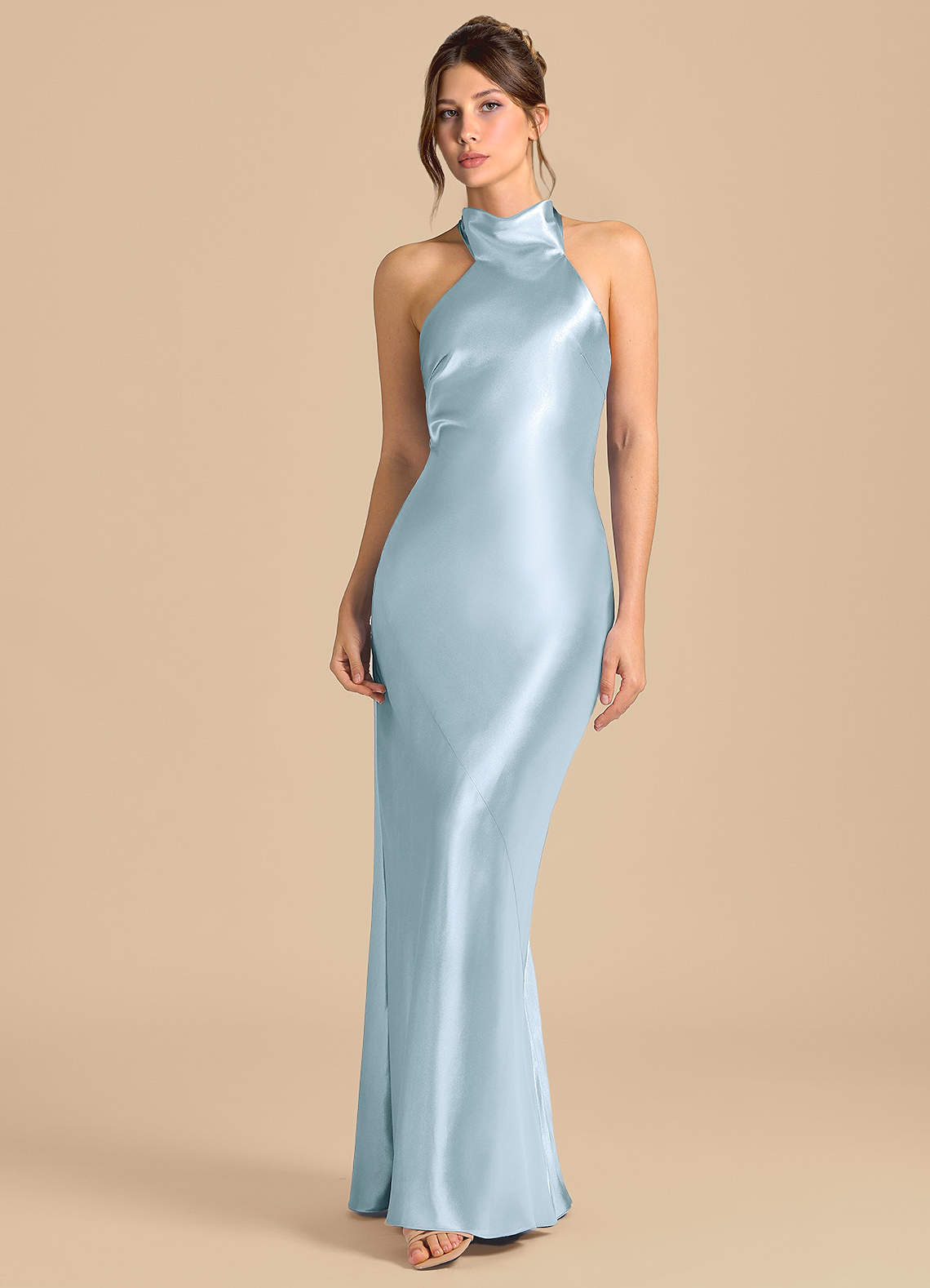 Azazie Velli Kjoler til hjemmeprøvning Skede Høj hals Metallisk satin Gulv-længde Kjole image3