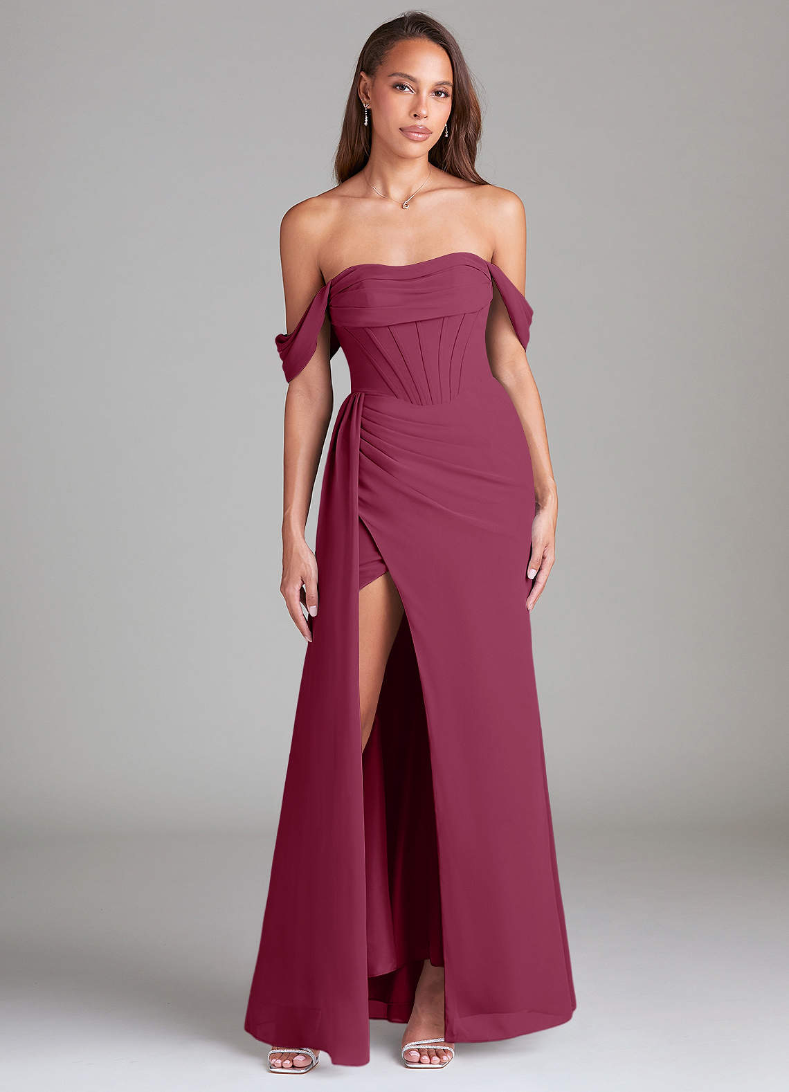 Azazie Amyra Bridesmaid Dresses Mulberry Sheath Off the Shoulder Chiffon Convertible Dress image1