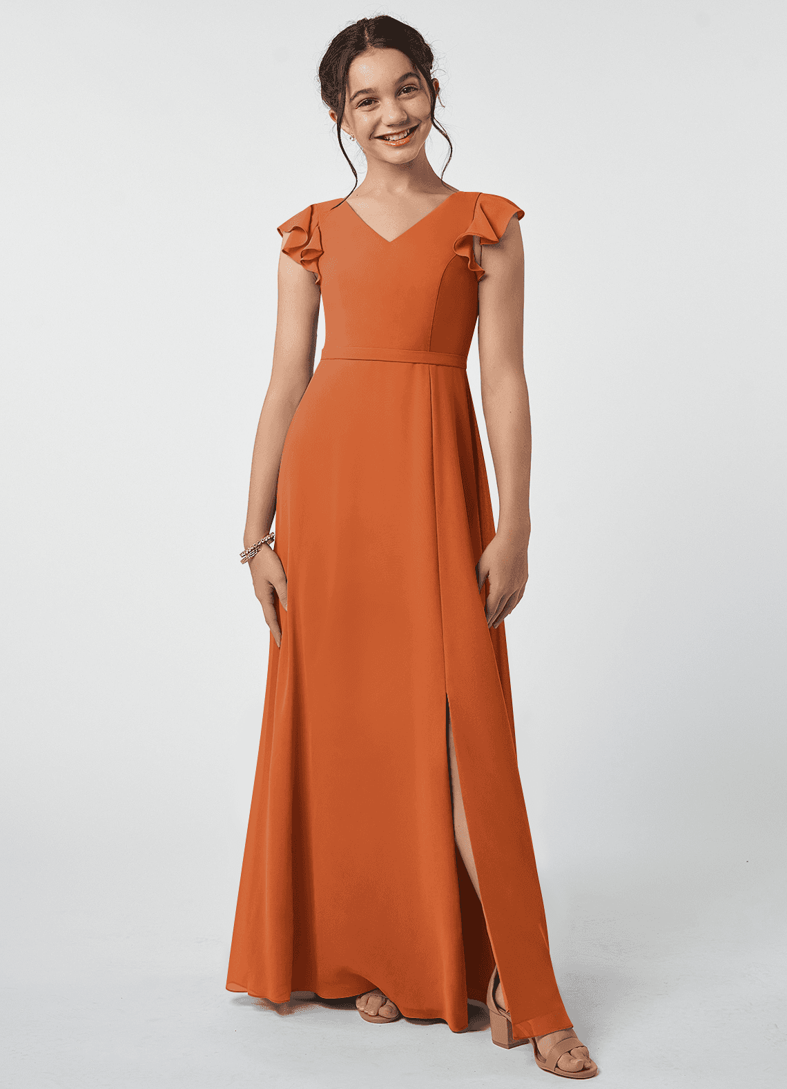 Azazie Claudine Junior Cinnamon A-Line Pleated Chiffon Dress image1
