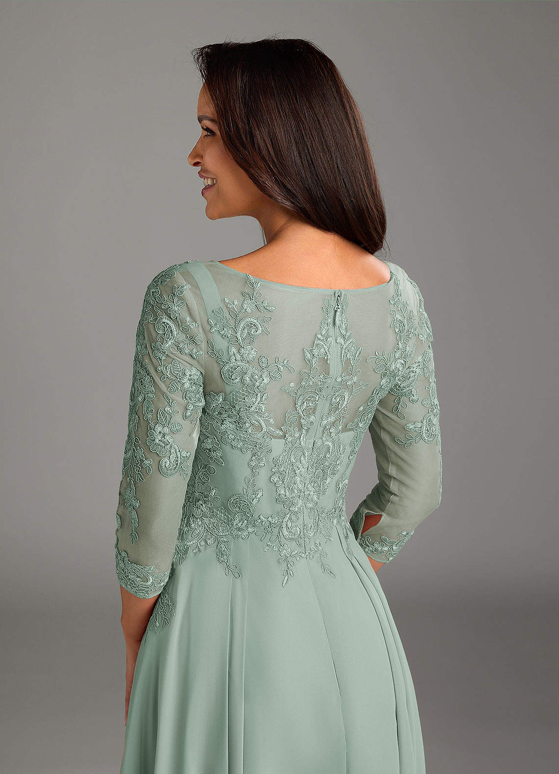 Azazie Marge At-home Try On Dresses Agave A-Line Scoop Lace Chiffon Dress image3