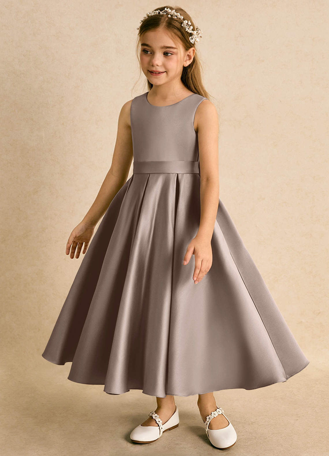 Azazie Junebuj vestidos de niña de las flores Vestido de Gris Pardo de Satin Mate de Princesa con Plisado image2