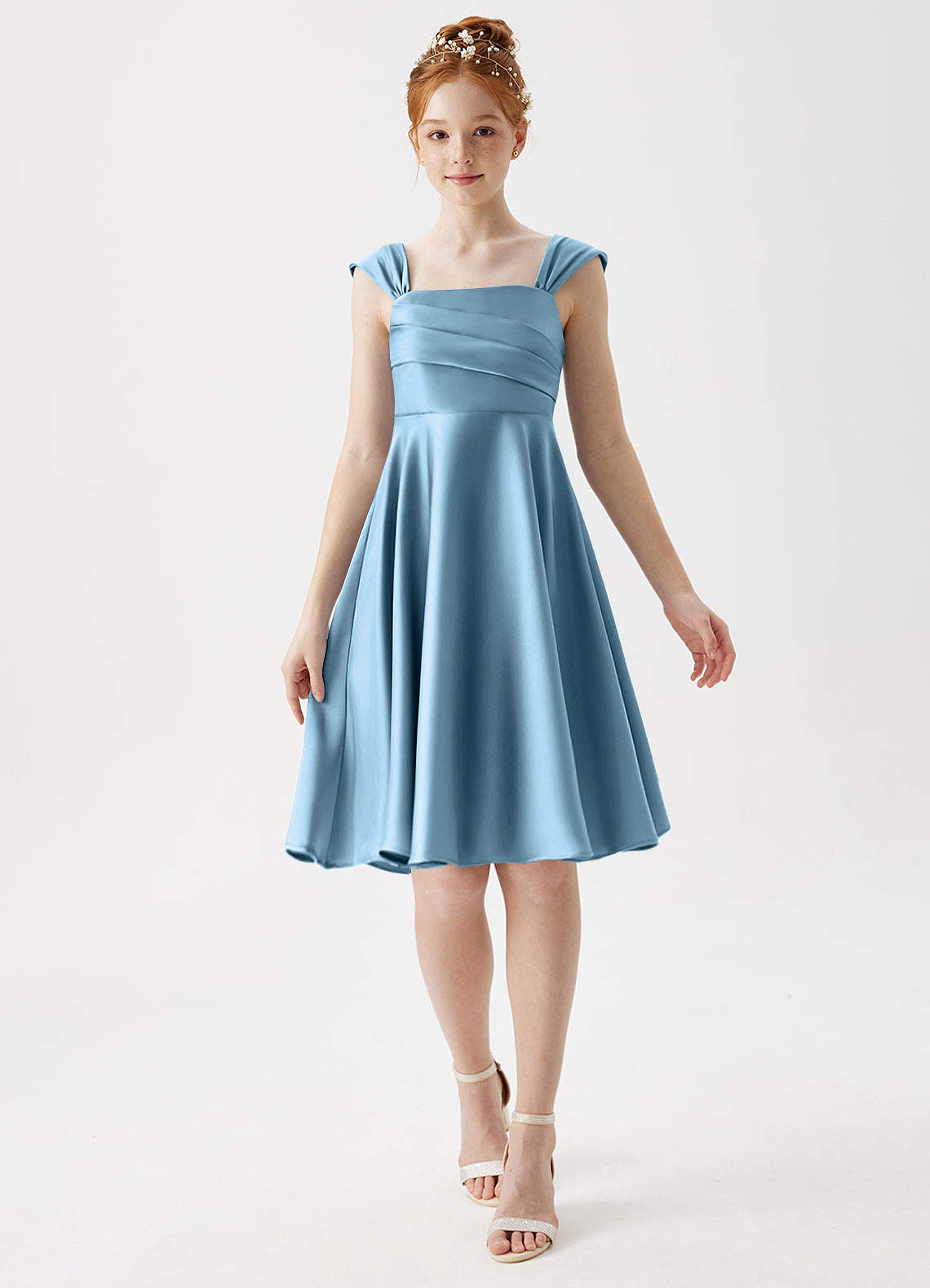 Azazie Amira Junior Steel Blue A-Line Pleated Stretch Satin Dress image1