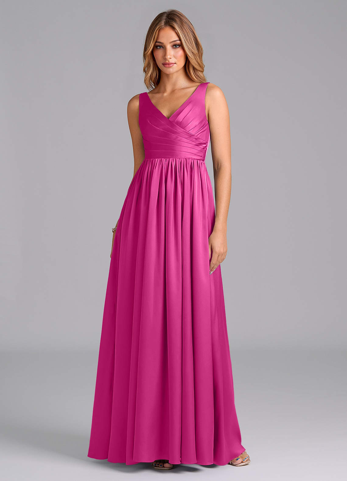 Azazie Keyla Bridesmaid Dresses Fuchsia A-Line Pleated Stretch Satin Dress image1