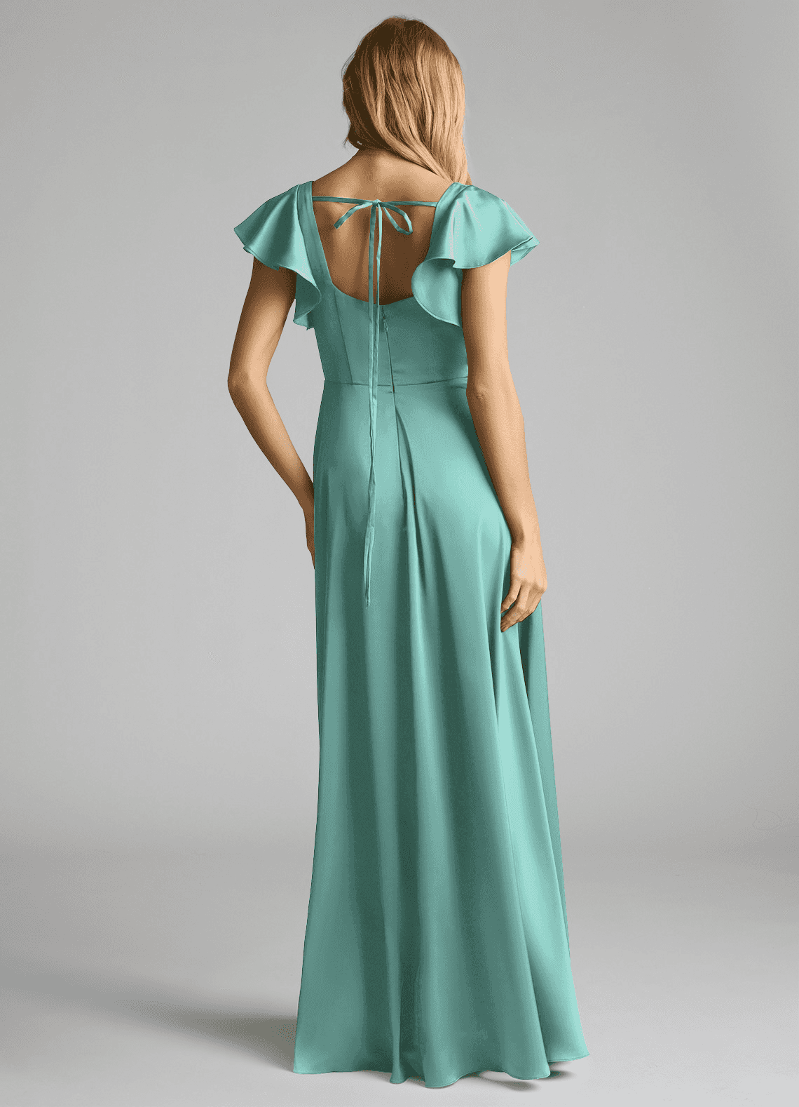 Azazie Bondi Bridesmaid Dresses Aqua A-Line Bow Stretch Satin Dress image3