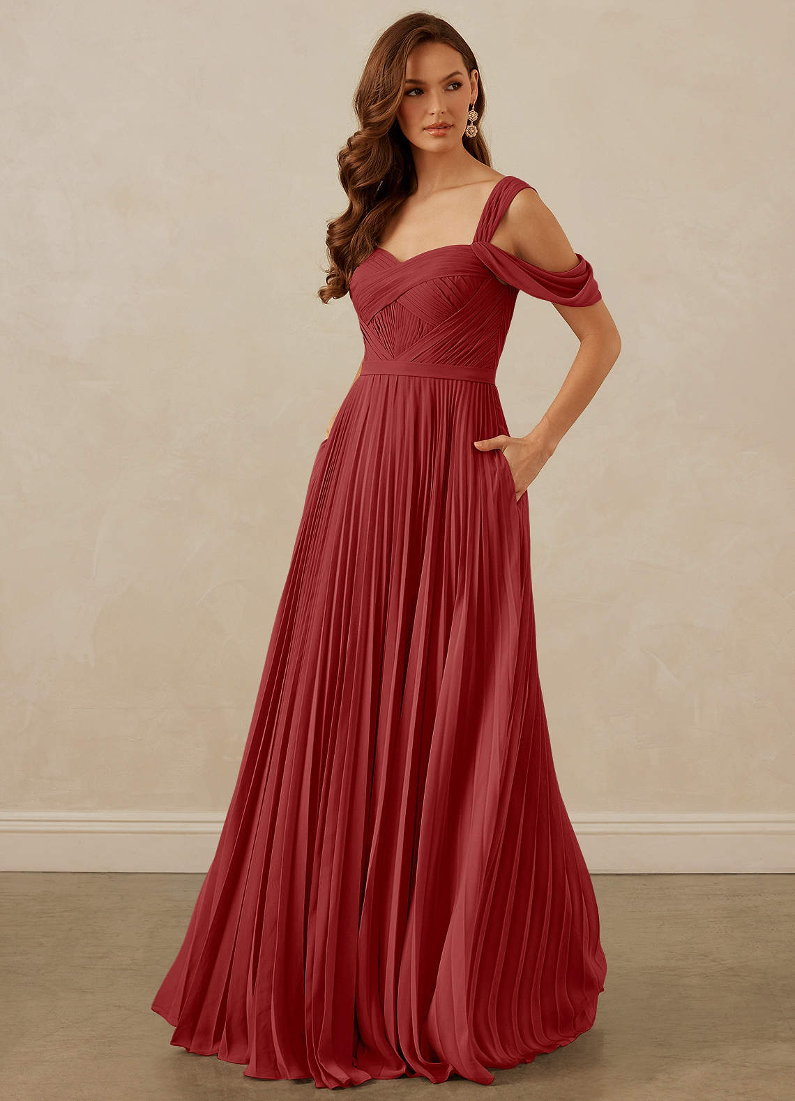 Christian Siriano Bridal for Azazie 1013 Bridesmaid Dresses Rust A-Line Off the Shoulder Chiffon Dress image1