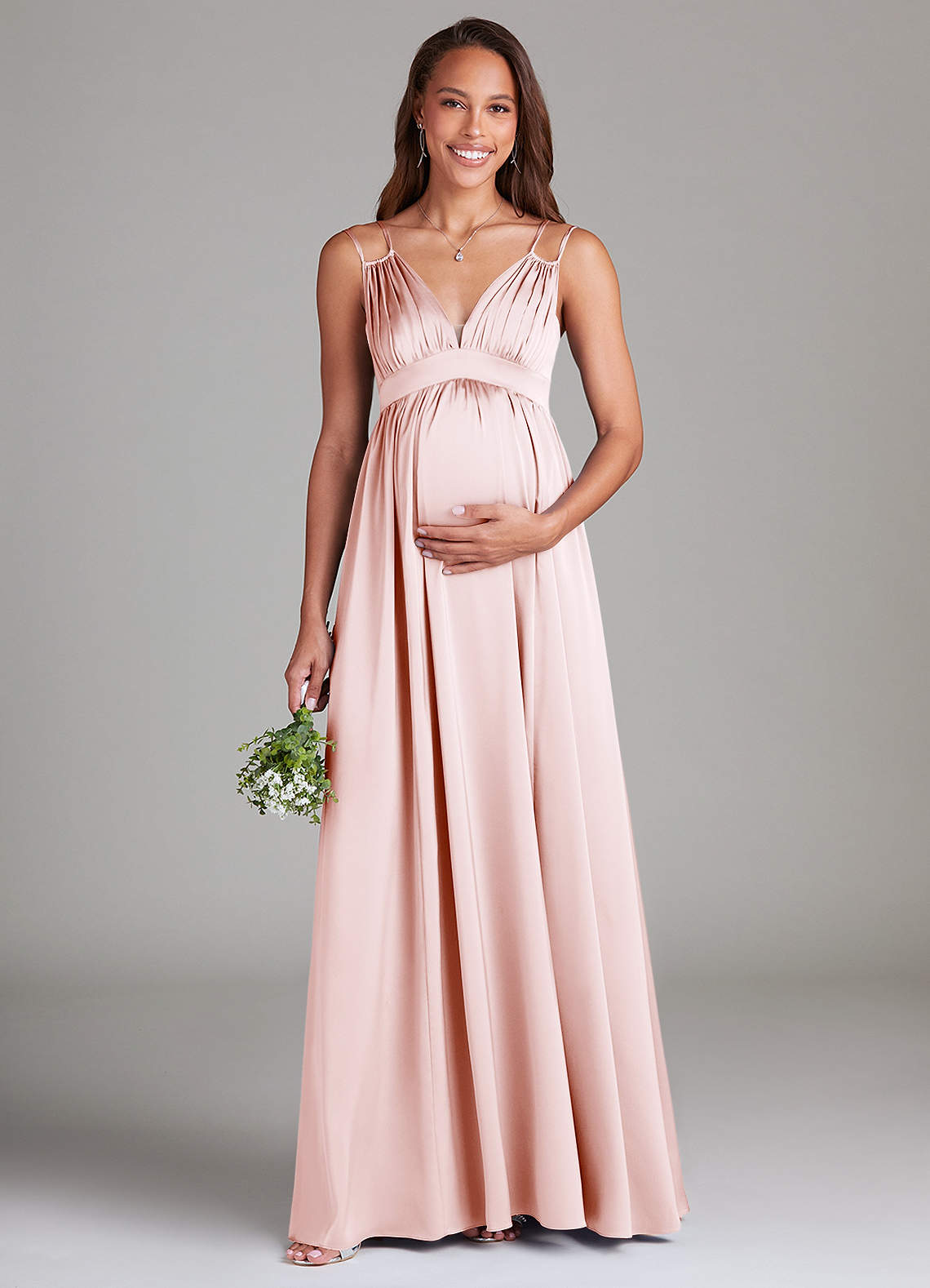 Azazie Emree Maternity Bridesmaid Dresses A-Line Stretch Satin Floor-Length Dress with Pockets image1