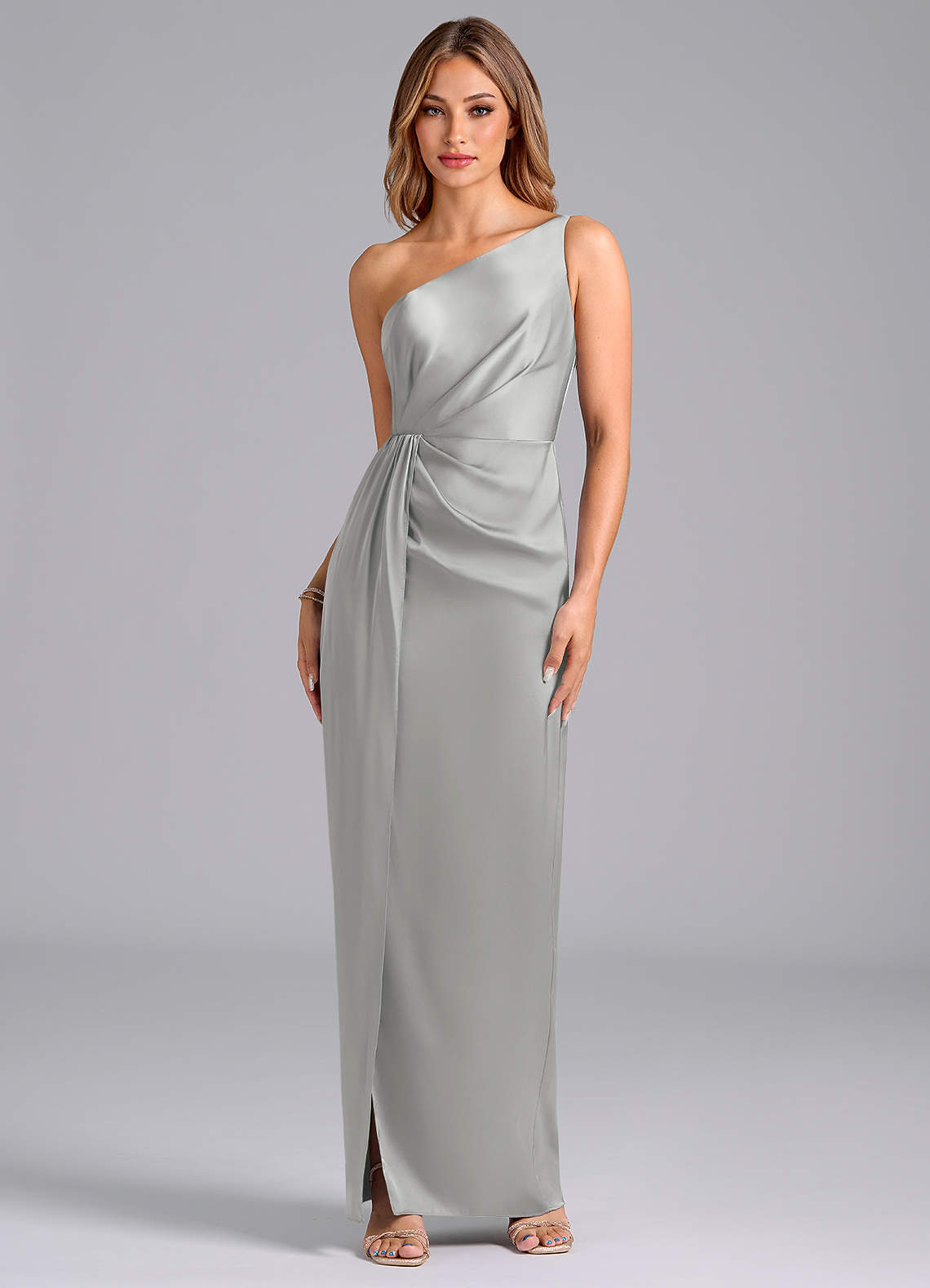 Azazie Naria Bridesmaid Dresses Silver Sheath One Shoulder Stretch Satin Dress image1