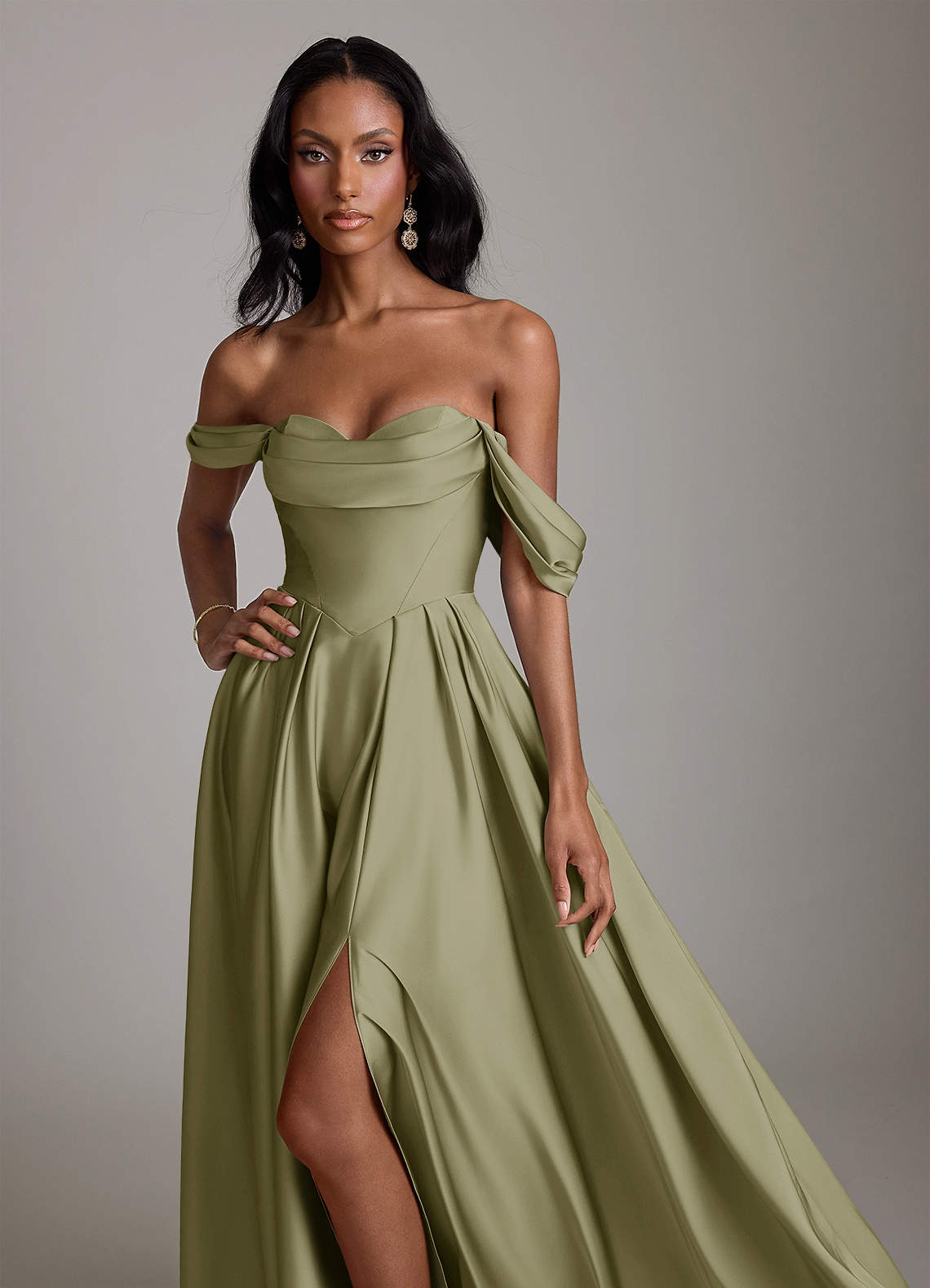 pistachio bridesmaid dresses Azazie Loisa Stretch Satin Valentina Chiffon Halter Maxi Dress