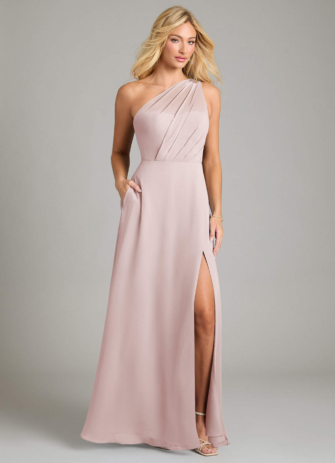Azazie Phaedra Bridesmaid Dresses Blushing Pink A-Line One Shoulder Chiffon Dress image1