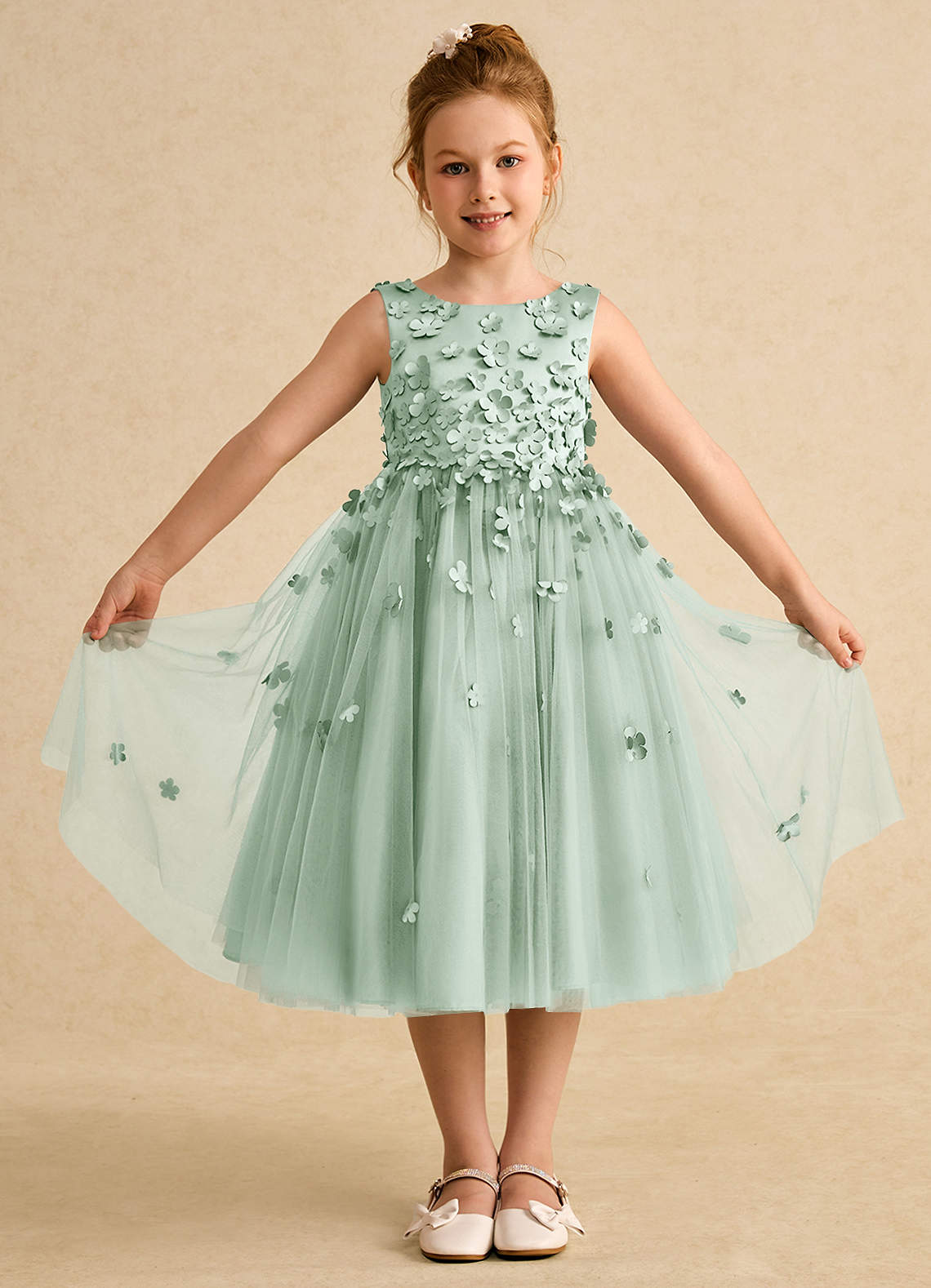 Azazie Lana Flower Girl Dresses Agave A-Line Sleeveless Matte Satin Dress image1