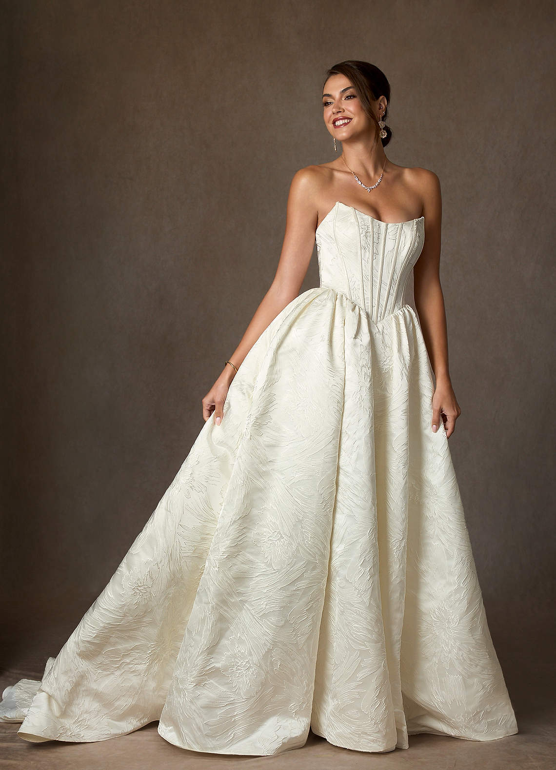 Azazie Demetria Wedding Dresses Antique White Ball-Gown Strapless Floral Jacquard Dress image2