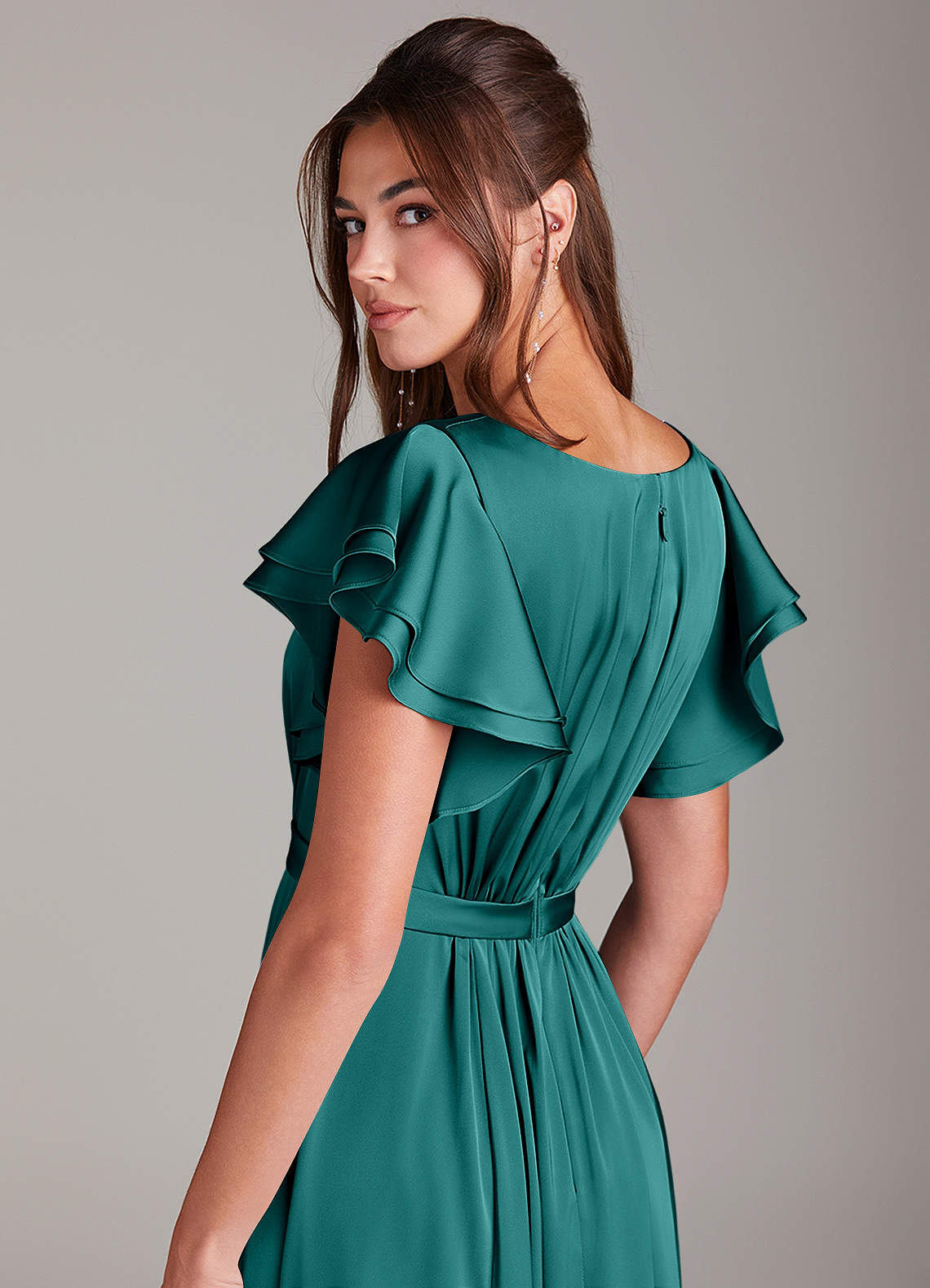 Azazie Daphne Bescheiden Bruidsmeisjekleding A-Lijn Ruches Stretch Satijn Vloerlengte Jurk image1
