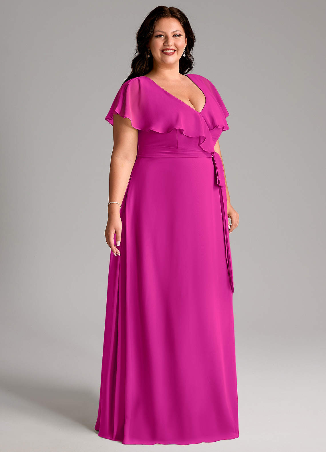 fuchsia evening dresses plus size Final Sale Plus Size Scuba Off the Shoulder Satin Ruffle Long Gown in Fuchsia Scuba Fabric main image 1