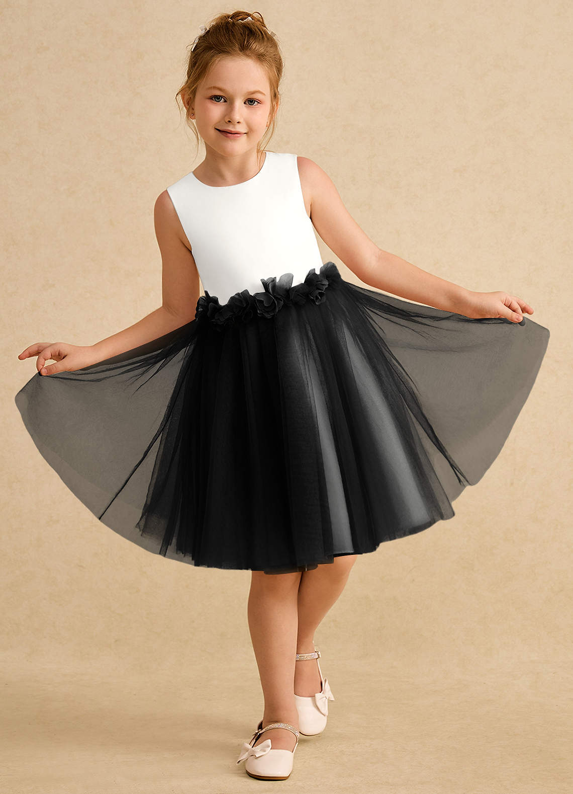 Azazie Louisa Vestidos de florista Vestido Marfim Preto de Tule de Linha A com Sem mangas image3