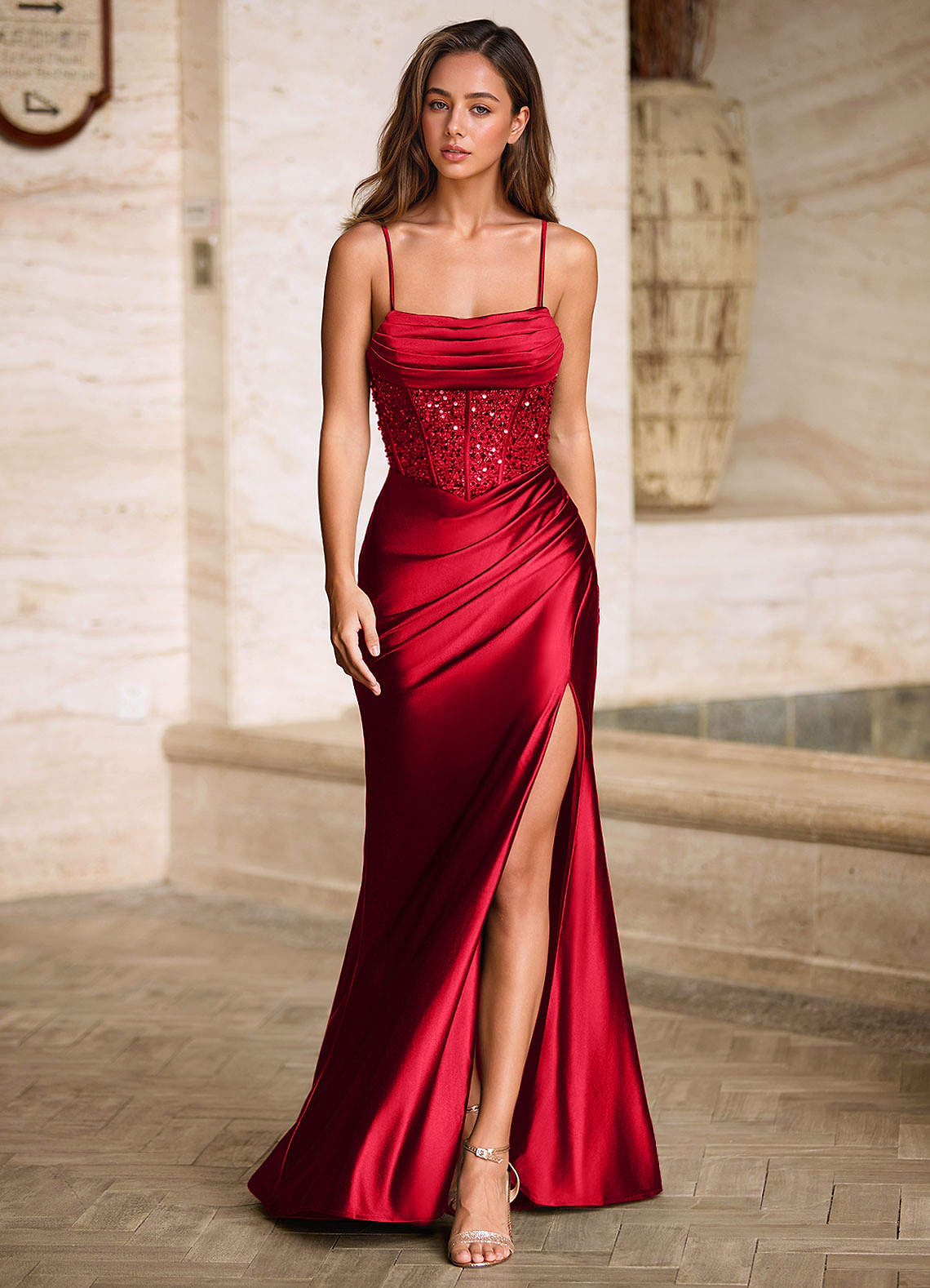 red cowl neck silk dress Starlit Red Cowl Neck Sequin Corset Dress