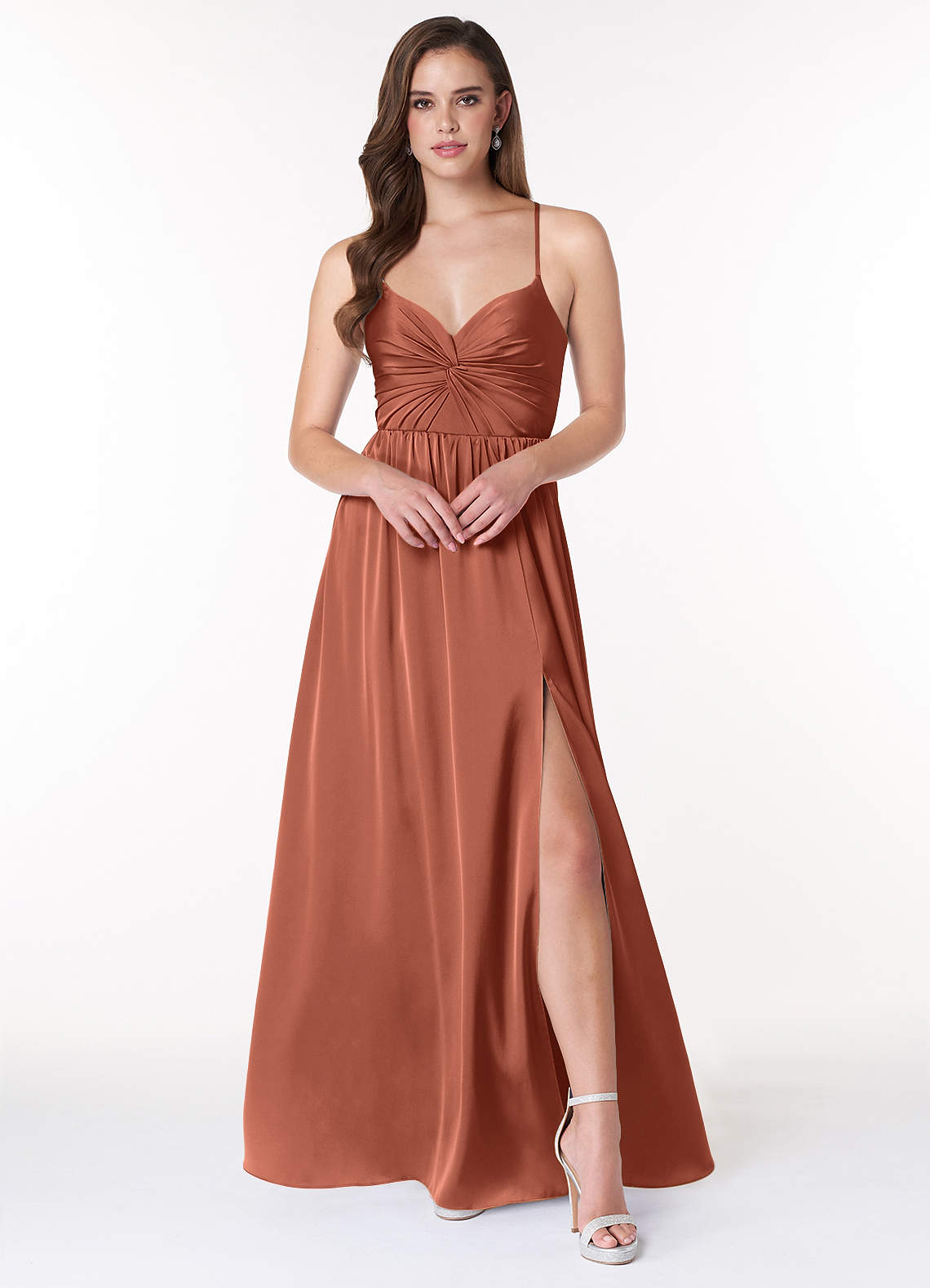 Azazie Raya Bridesmaid Dresses Clay A-Line V-Neck Pleated Stretch Satin Dress image1