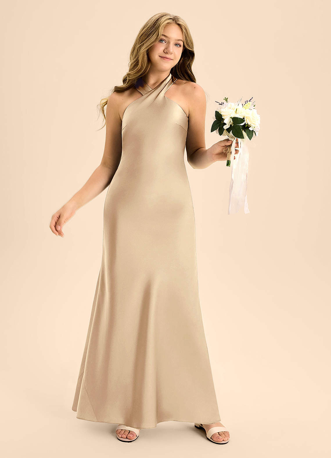 Azazie Doretta Junior Champagne A-Line Pleated Stretch Satin Dress image4