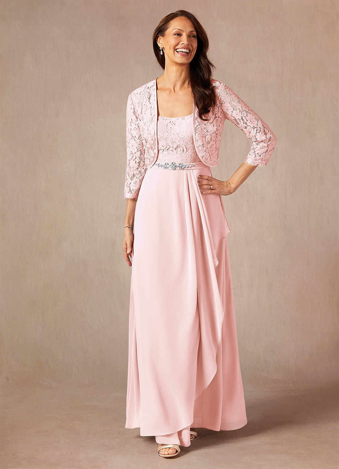 Azazie Ainsling Mother of the Bride Dresses Blushing Pink A-Line Square Neckline Lace Chiffon Dress image1