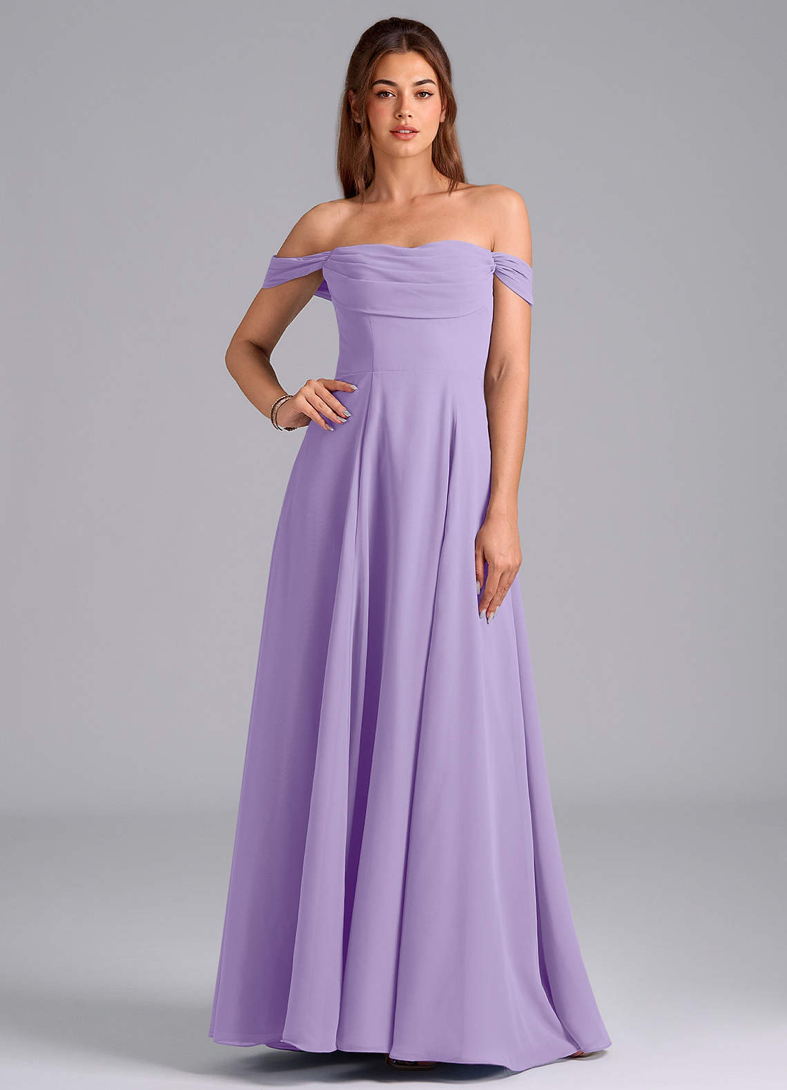 Azazie Almina Robes de demoiselle d'honneur Robe Trapèze Convertible en Mousseline de soie Épaule décolletée Lilas image1