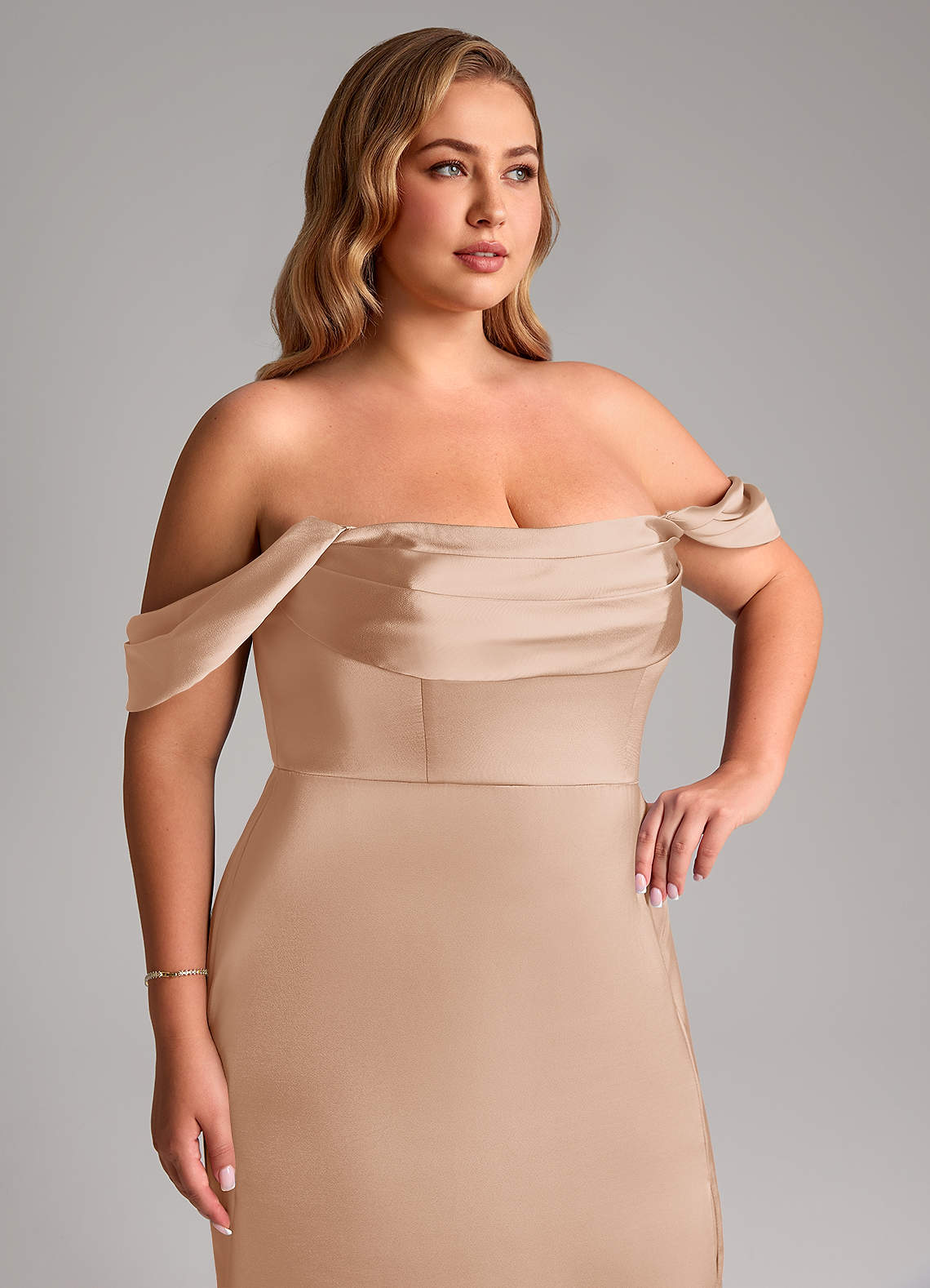 Azazie Saige Bridesmaid Dresses English Rose Sheath Off the Shoulder Stretch Satin Dress image13
