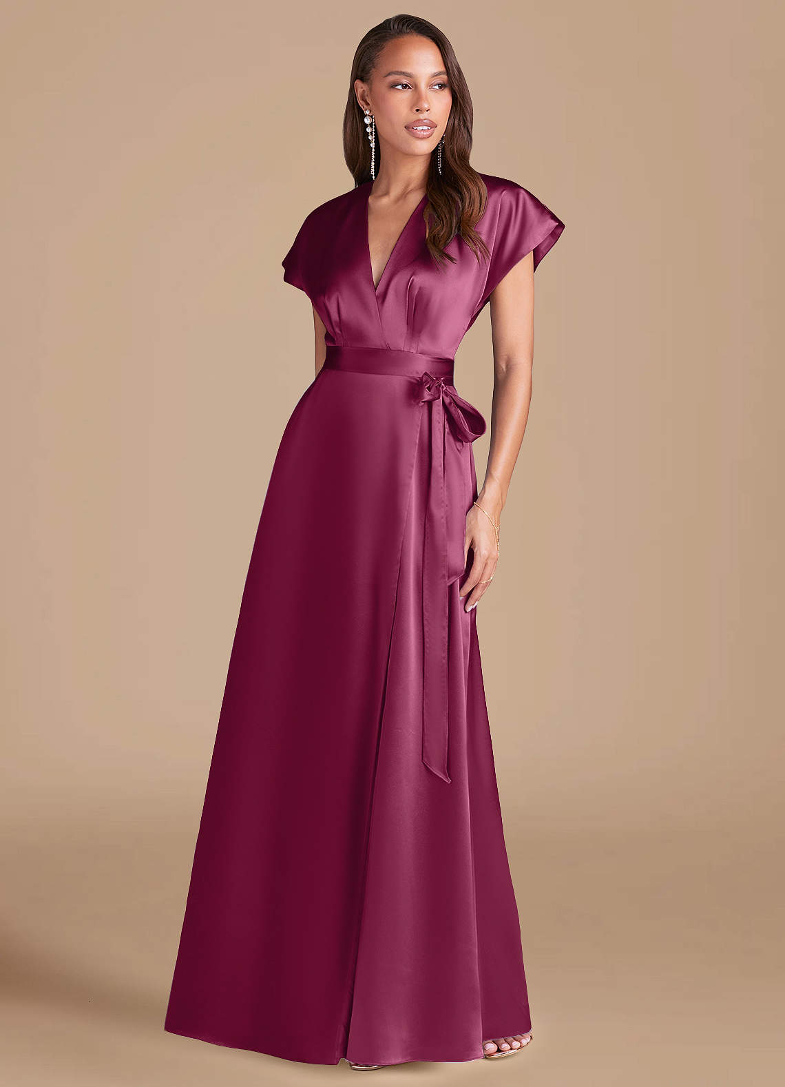 Azazie Nico Brautjungfernkleider A-Linie Plissee Metallischer Satin Kleid Burgunderrot image1