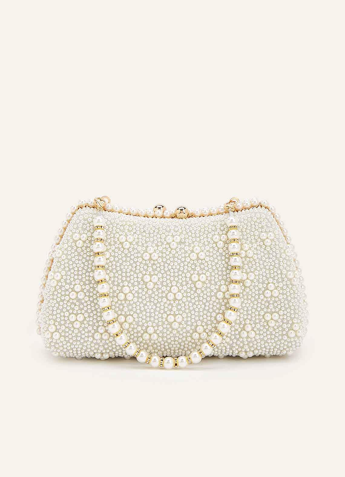 front Matching Color Matte Satin Pearl and Bow Pointed Toe Block Heels & Beaded Clutch Set