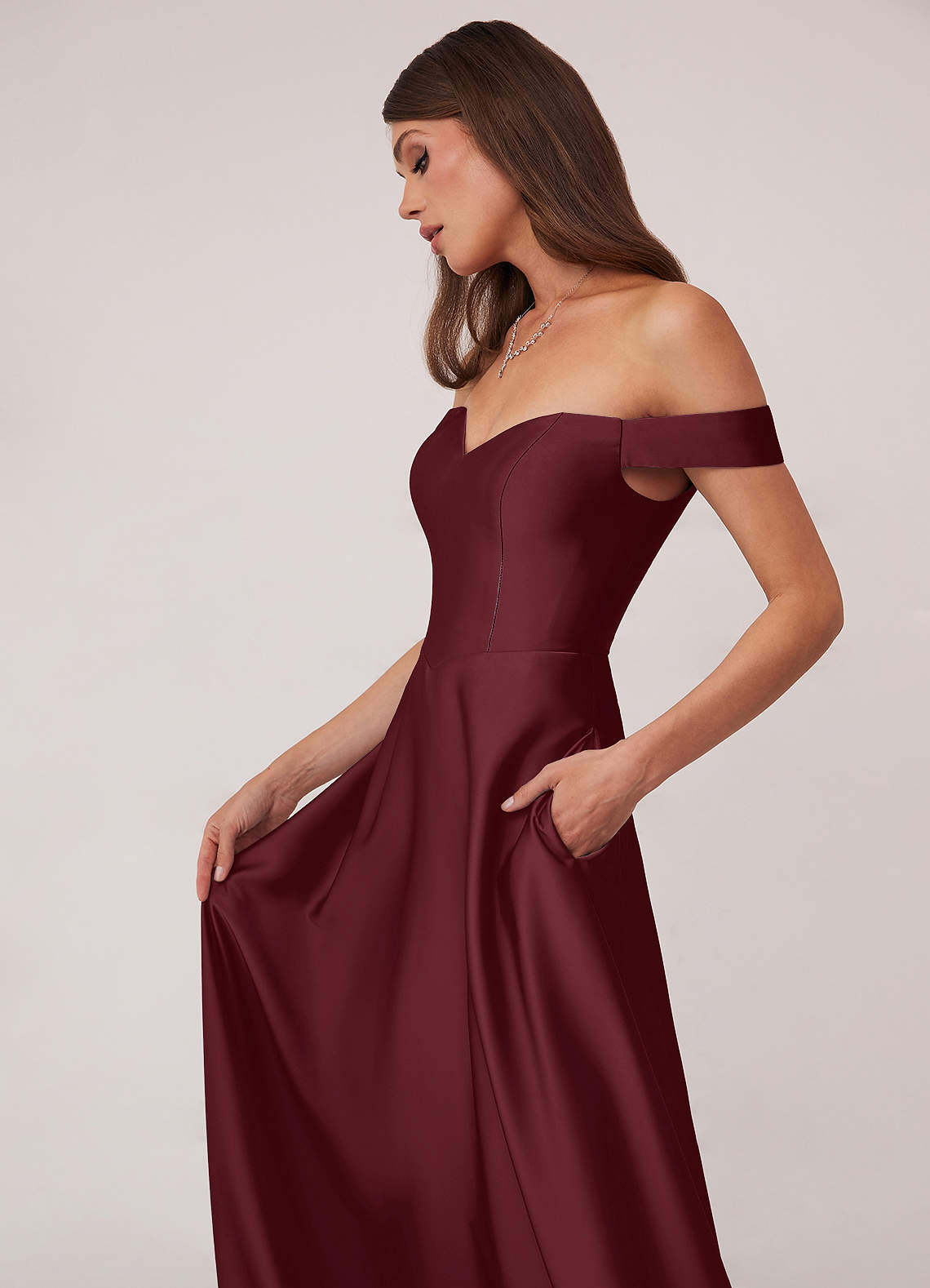 Barbie ♥ Azazie Bridesmaid Dresses Cabernet A-Line Off the Shoulder Stretch Satin Convertible Dress image4