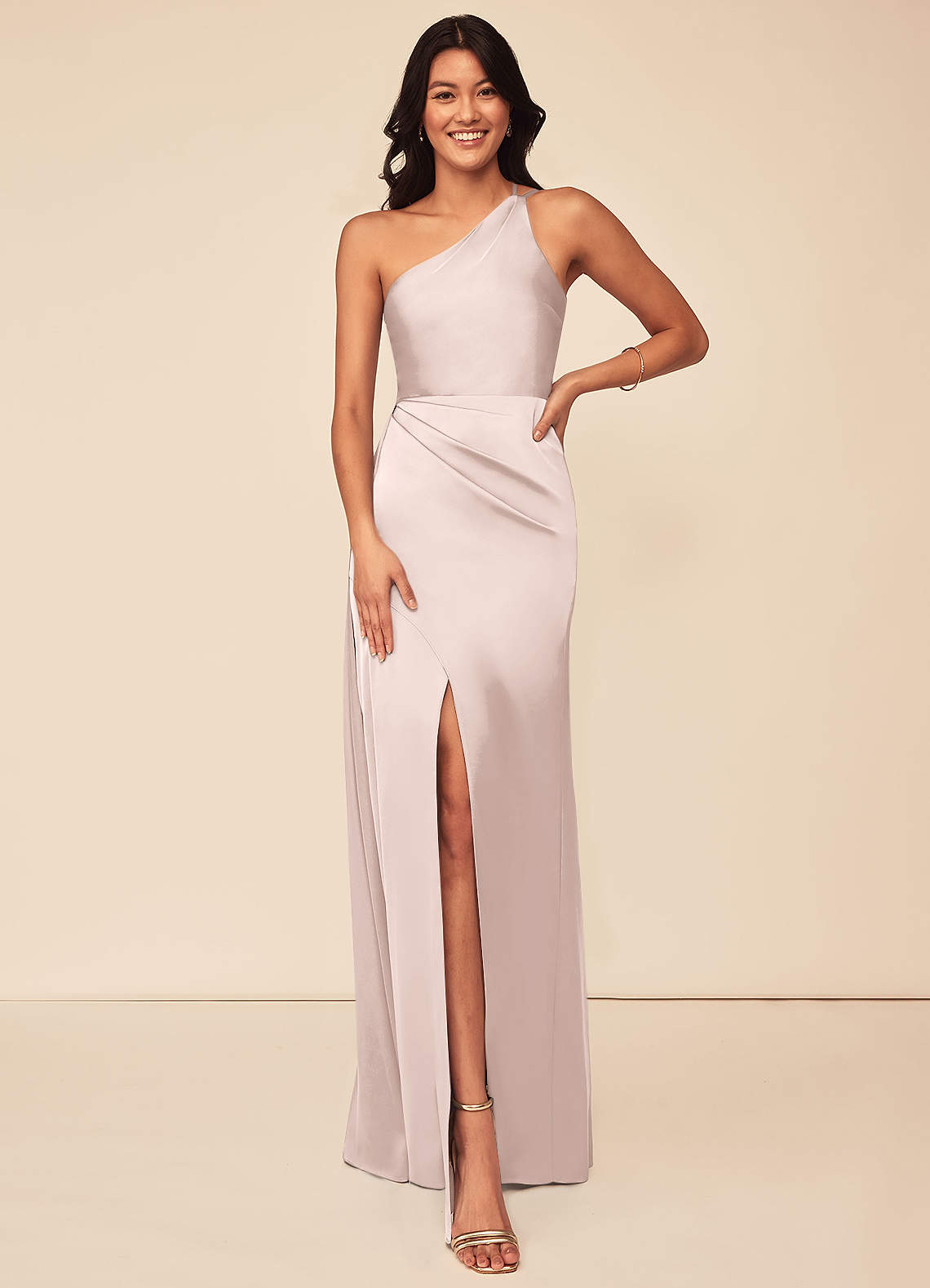 Azazie Maron Bridesmaid Dresses Blushing Pink A-Line One Shoulder Stretch Satin Dress image1