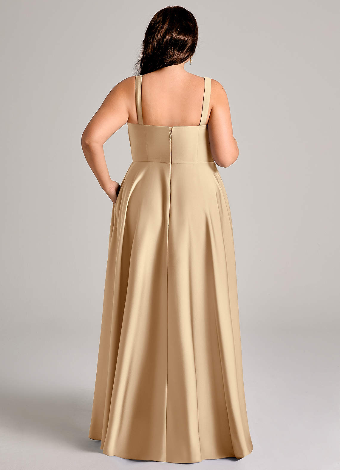 Azazie Shaude Bridesmaid Dresses Champagne A-Line Pleated Stretch Satin Dress image12