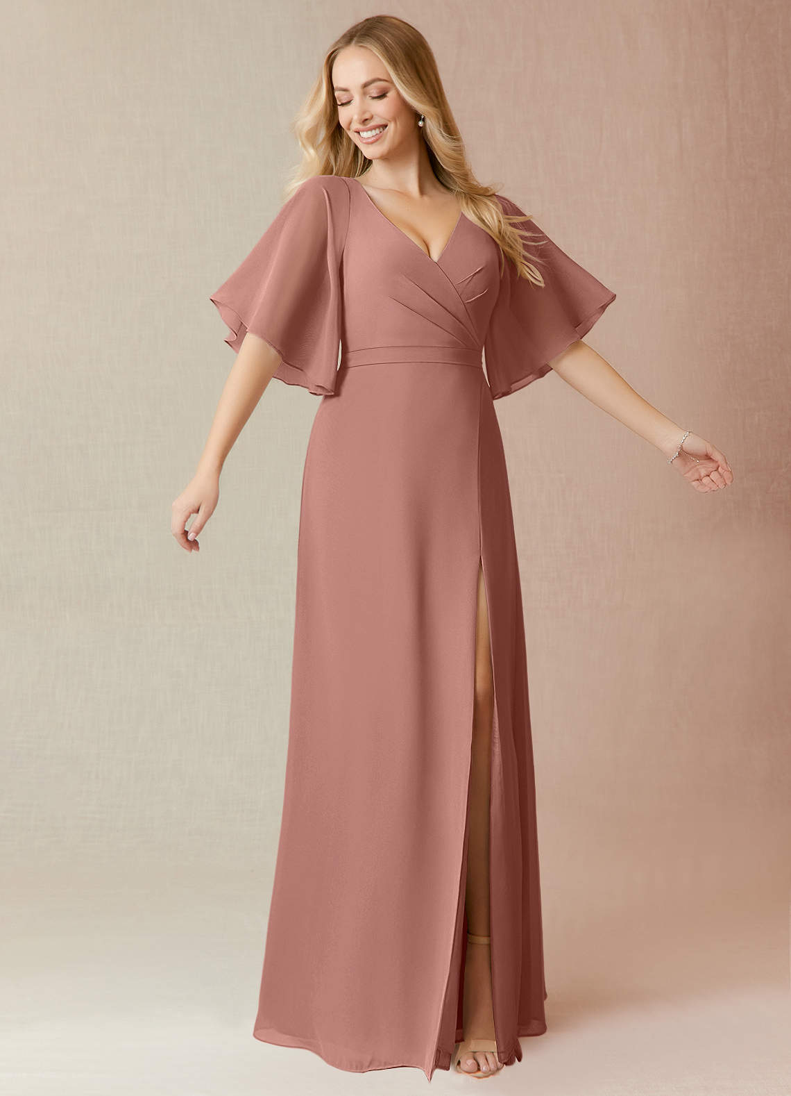 Azazie Cierra Bridesmaid Dresses Cedar Rose A-Line V-Neck Chiffon Dress image1