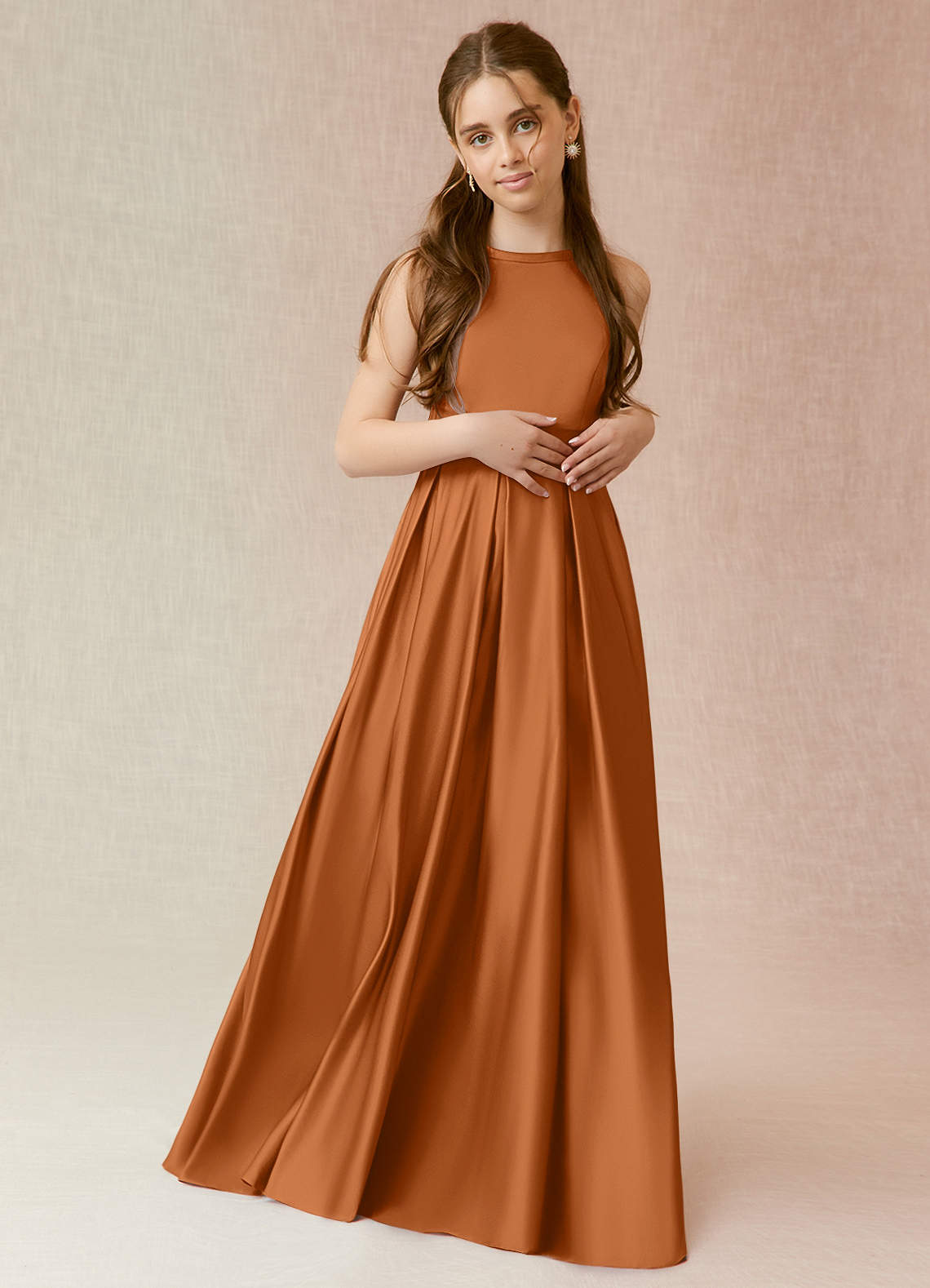 Azazie Arianthe Junior Copper A-Line with Pockets Matte Satin Dress image1