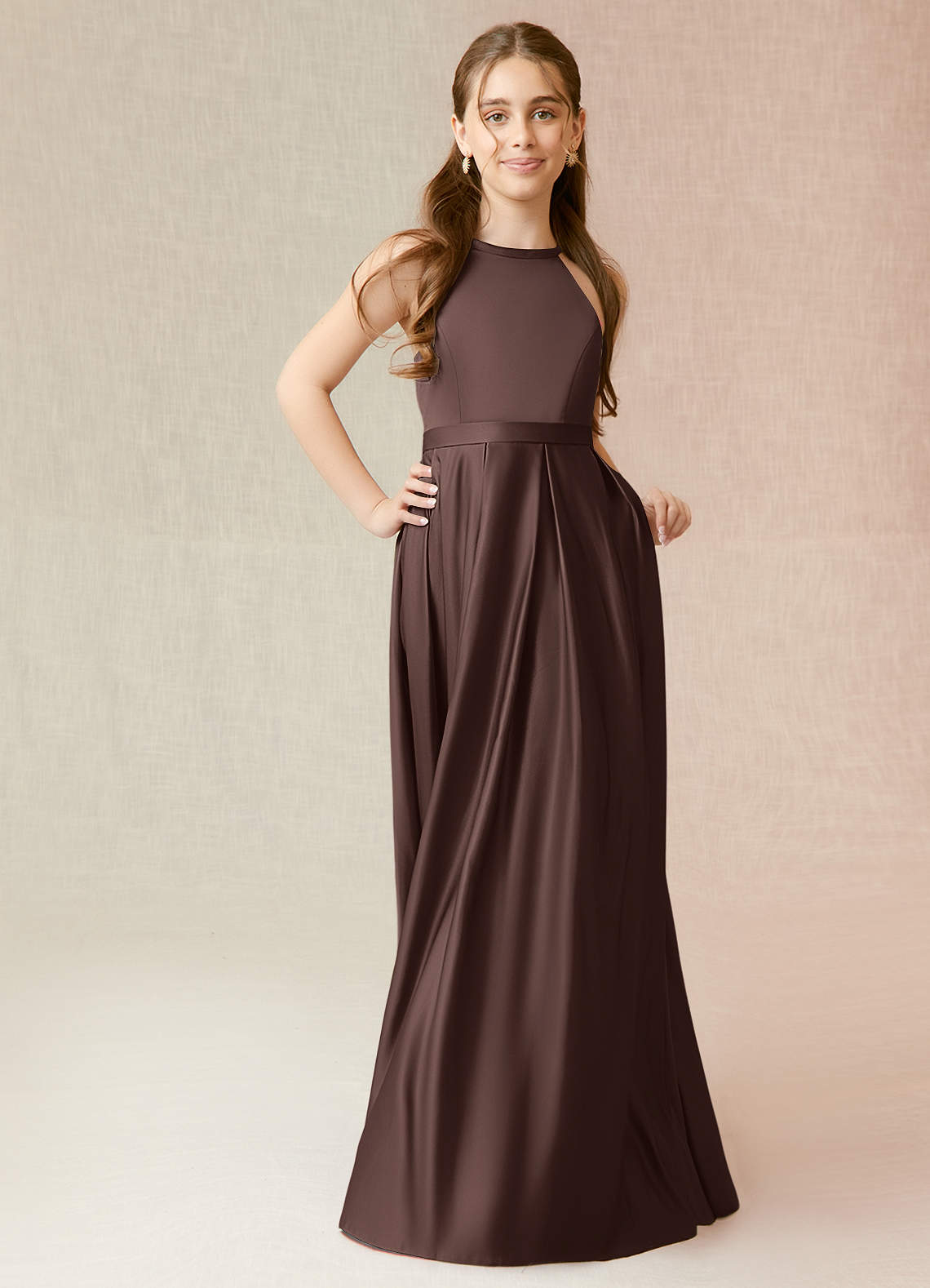 Azazie Arianthe Junior Ganache A-Line with Pockets Stretch Satin Dress image3