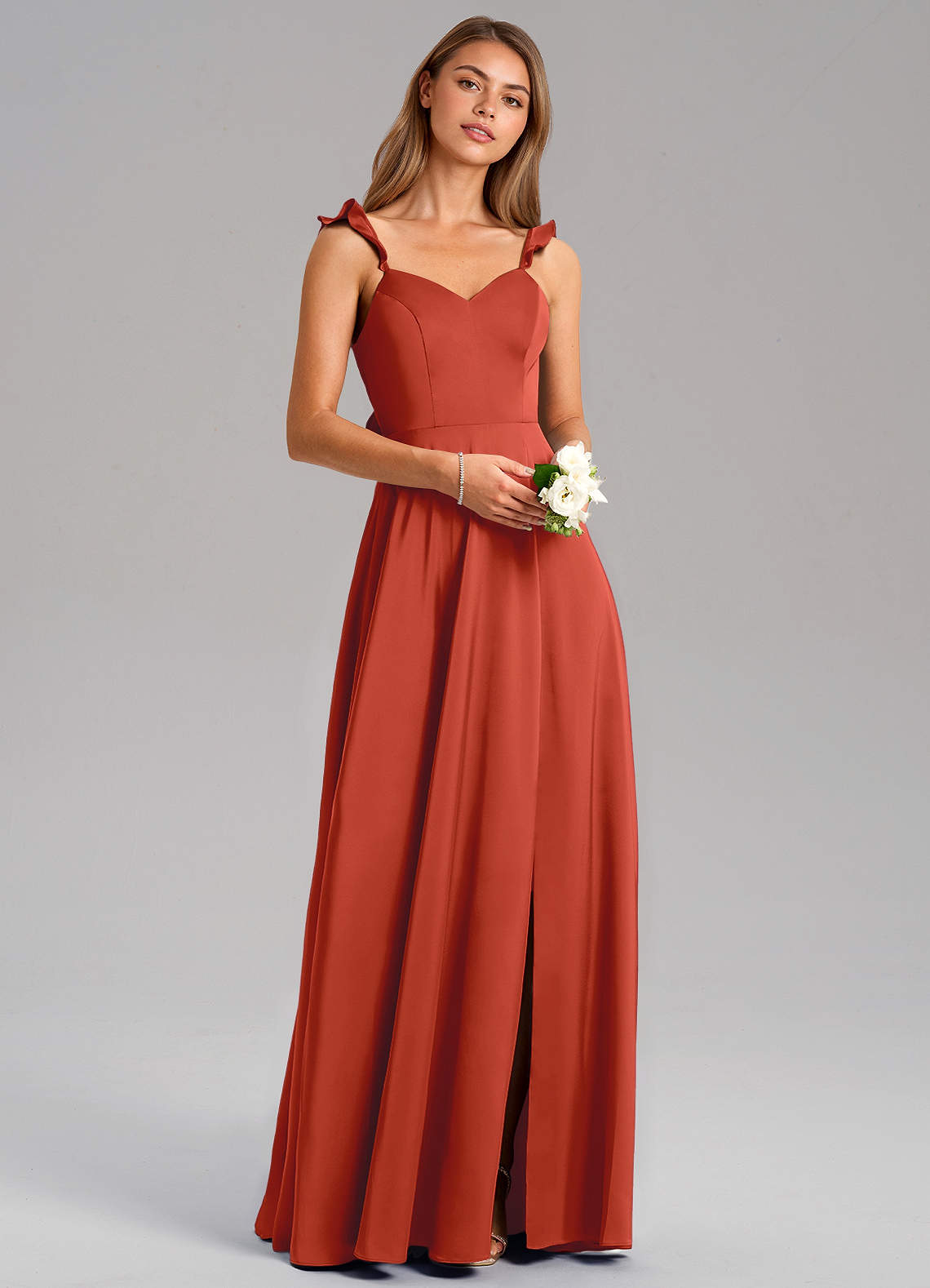 Azazie Everett Bridesmaid Dresses Rust A-Line Stretch Satin Dress image1