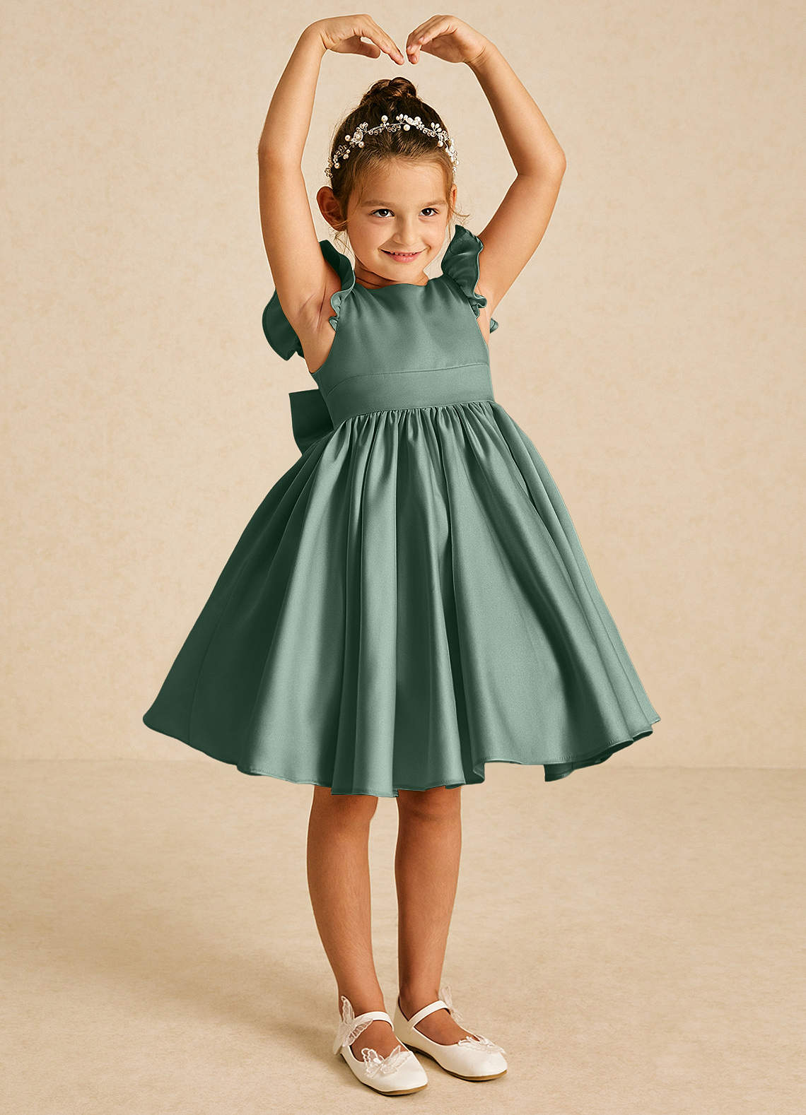 Azazie Tootsie Flower Girl Dresses Eucalyptus A-Line Bow Matte Satin Dress image1