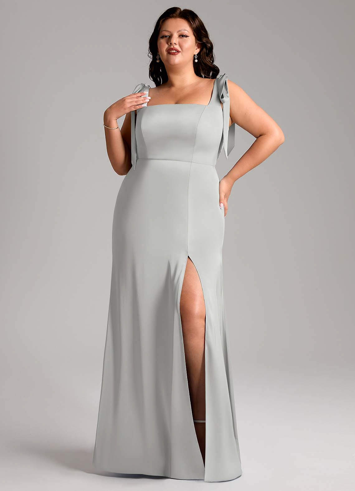 Azazie Frostine Bridesmaid Dresses Silver A-Line Bow Stretch Satin Dress image1